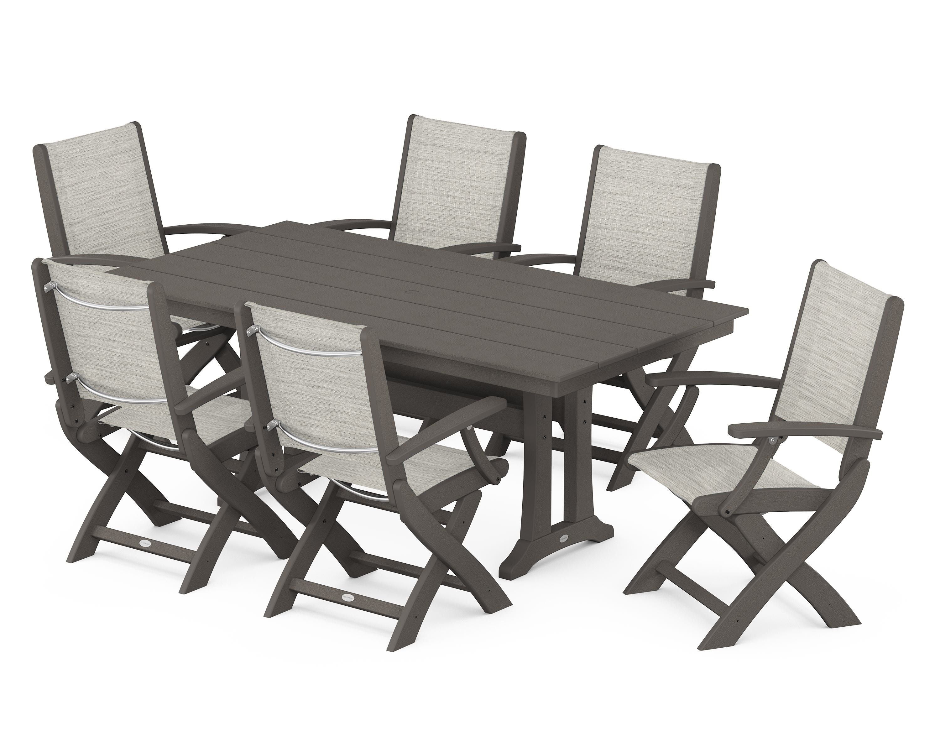 POLYWOOD Coastal Folding Arm Chair 7-Piece Farmhouse Dining Set with Trestle Legs in Vintage Coffee / Birch Sling