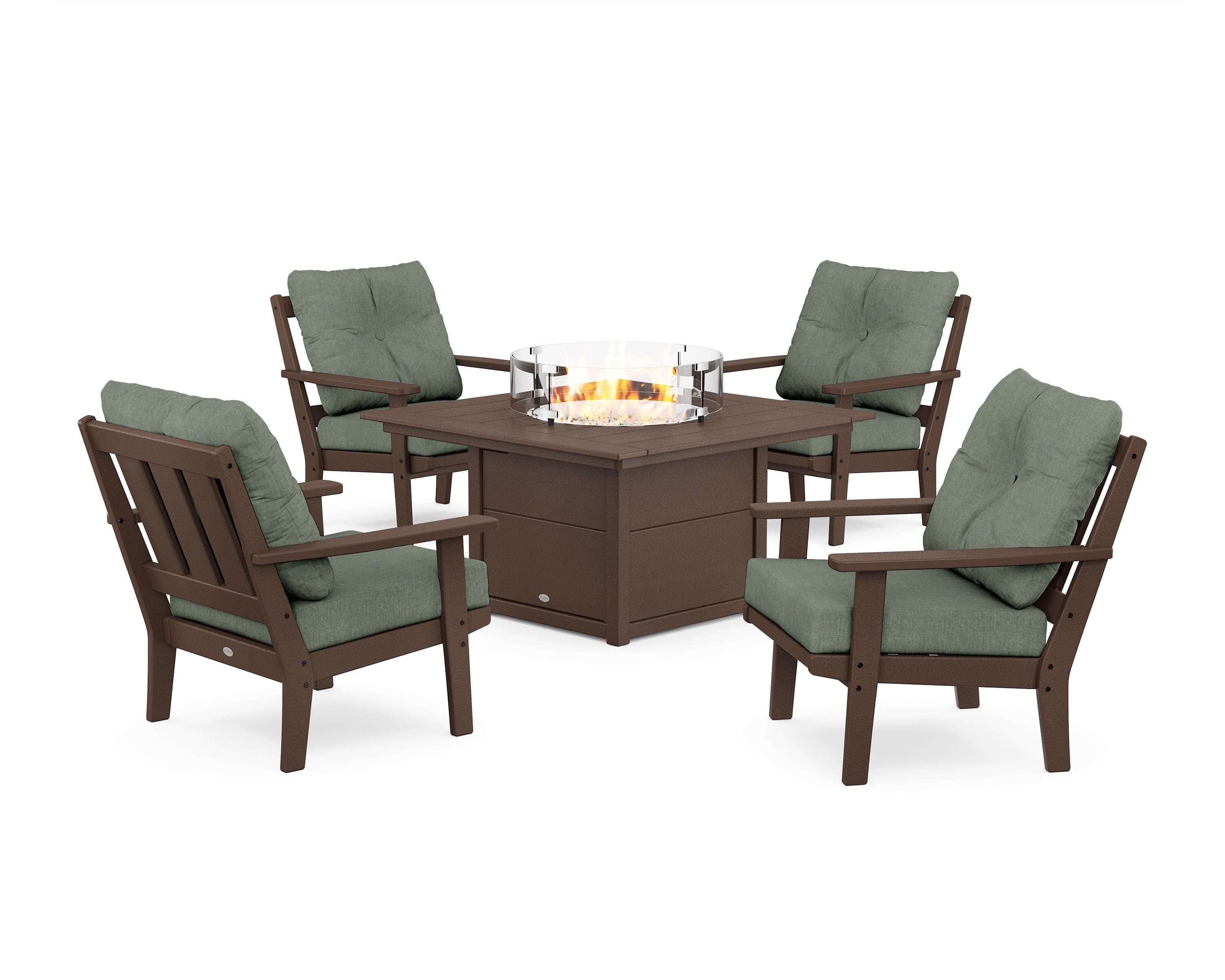 POLYWOOD Oxford 5-Piece Deep Seating Set with Fire Pit Table in Mahogany / Cast Sage