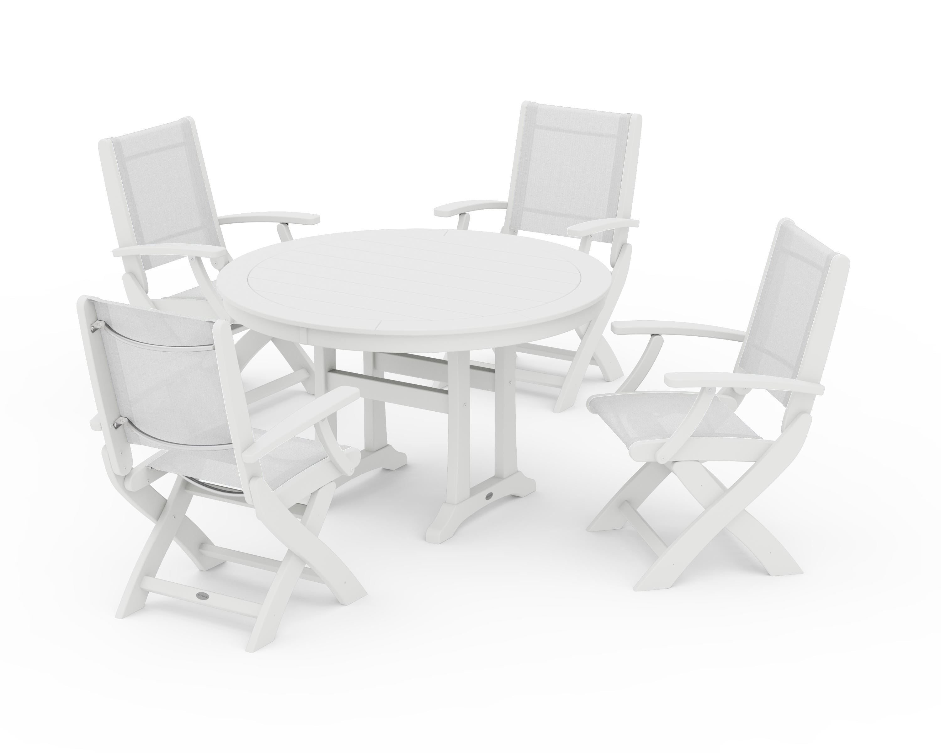 POLYWOOD Coastal Folding Chair 5-Piece Round Dining Set with Trestle Legs in White / White Sling