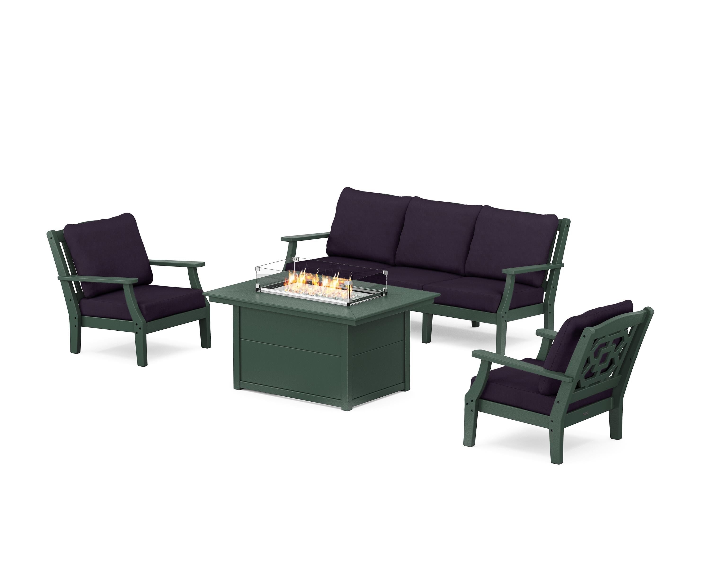 Martha Stewart by POLYWOOD Chinoiserie Deep Seating Fire Pit Table Set in Green / Navy Linen