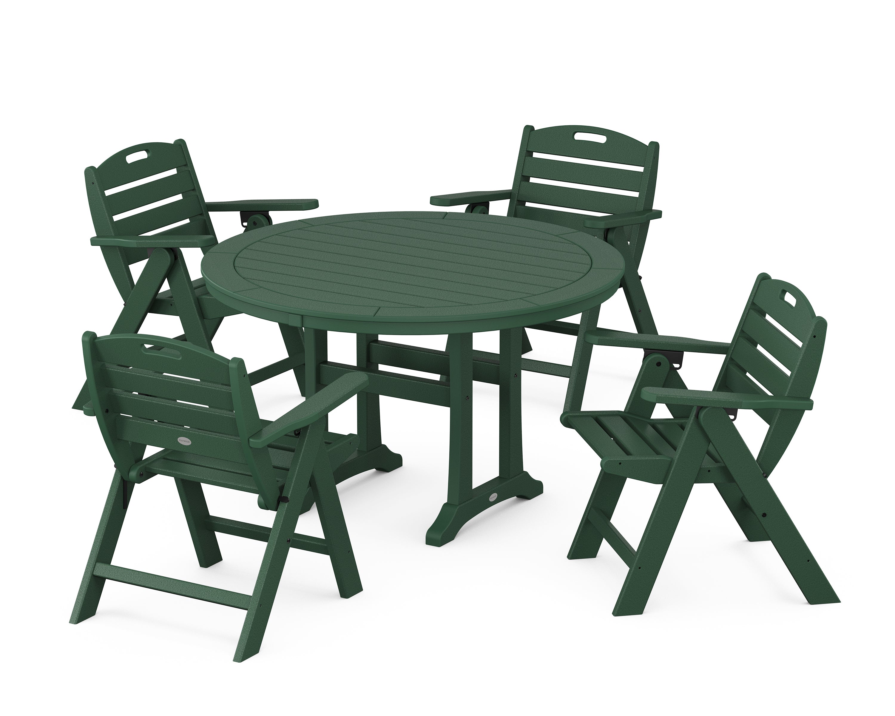 POLYWOOD® Nautical Folding Lowback Chair 5-Piece Round Dining Set With Trestle Legs in Green