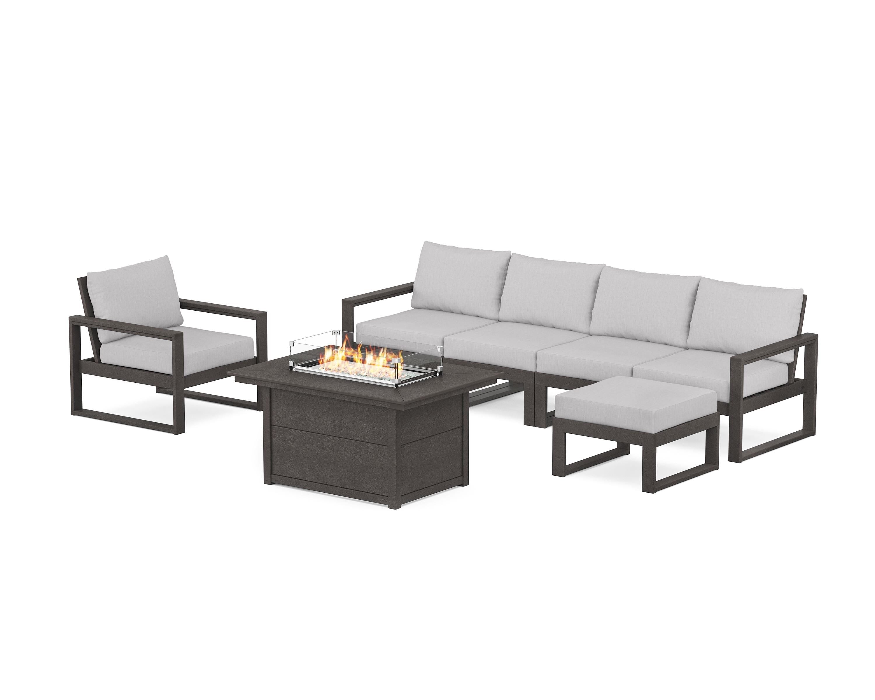 POLYWOOD EDGE Sectional Lounge and Fire Pit Set in Vintage Coffee / Granite