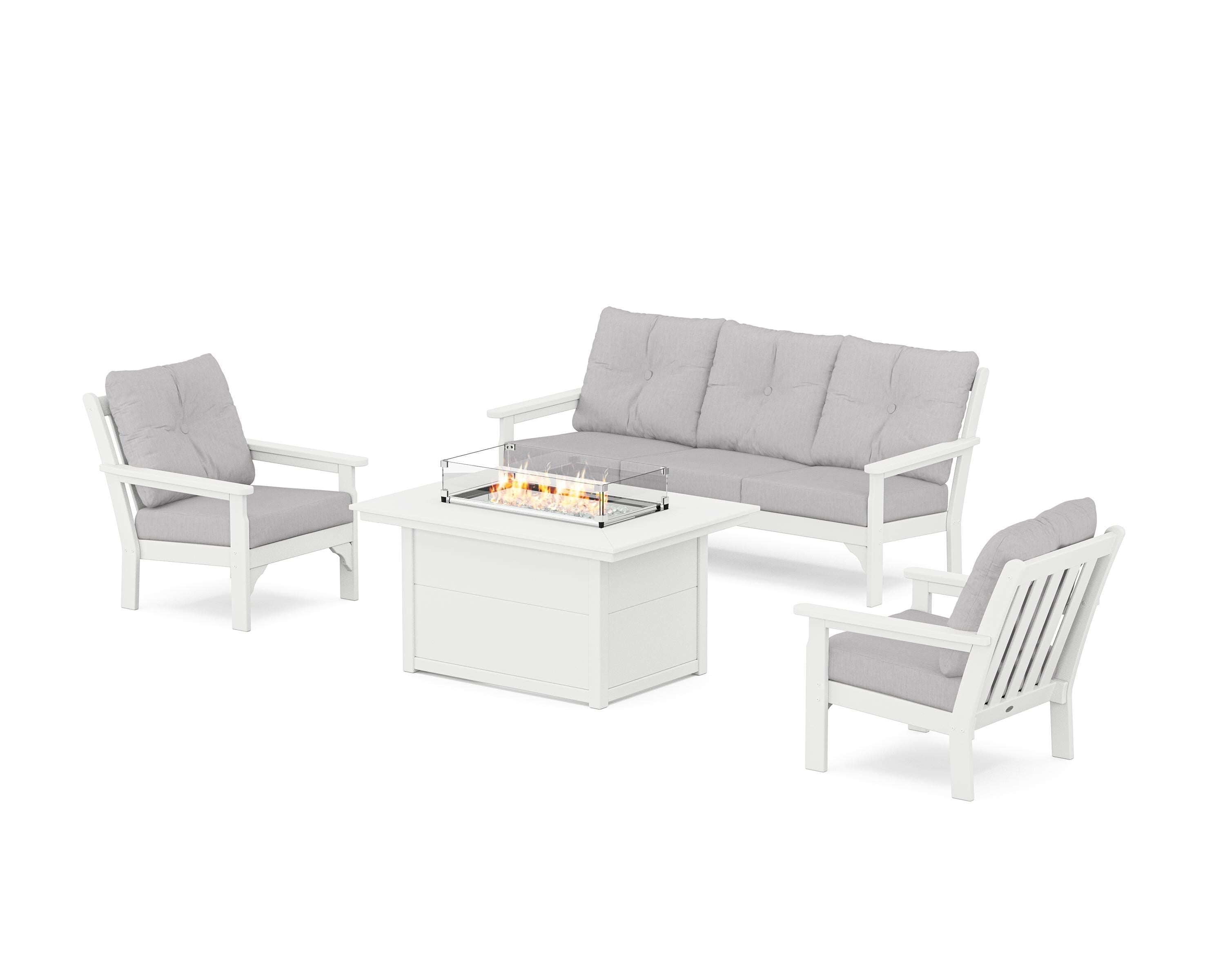 POLYWOOD Vineyard Deep Seating Fire Pit Table Set in White / Granite