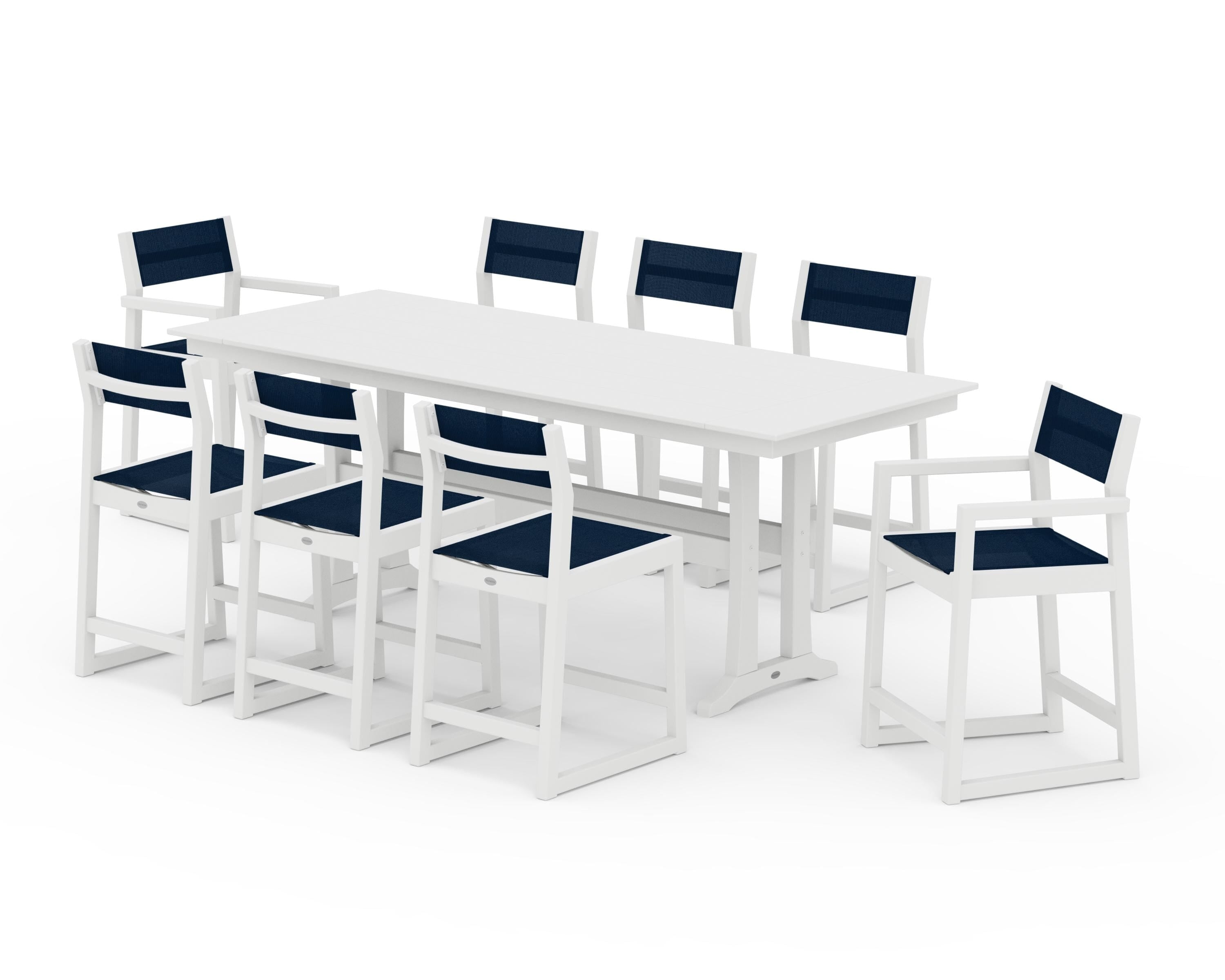 POLYWOOD EDGE Sling 9-Piece Farmhouse Counter Set with Trestle Legs in White / Navy Blue Sling