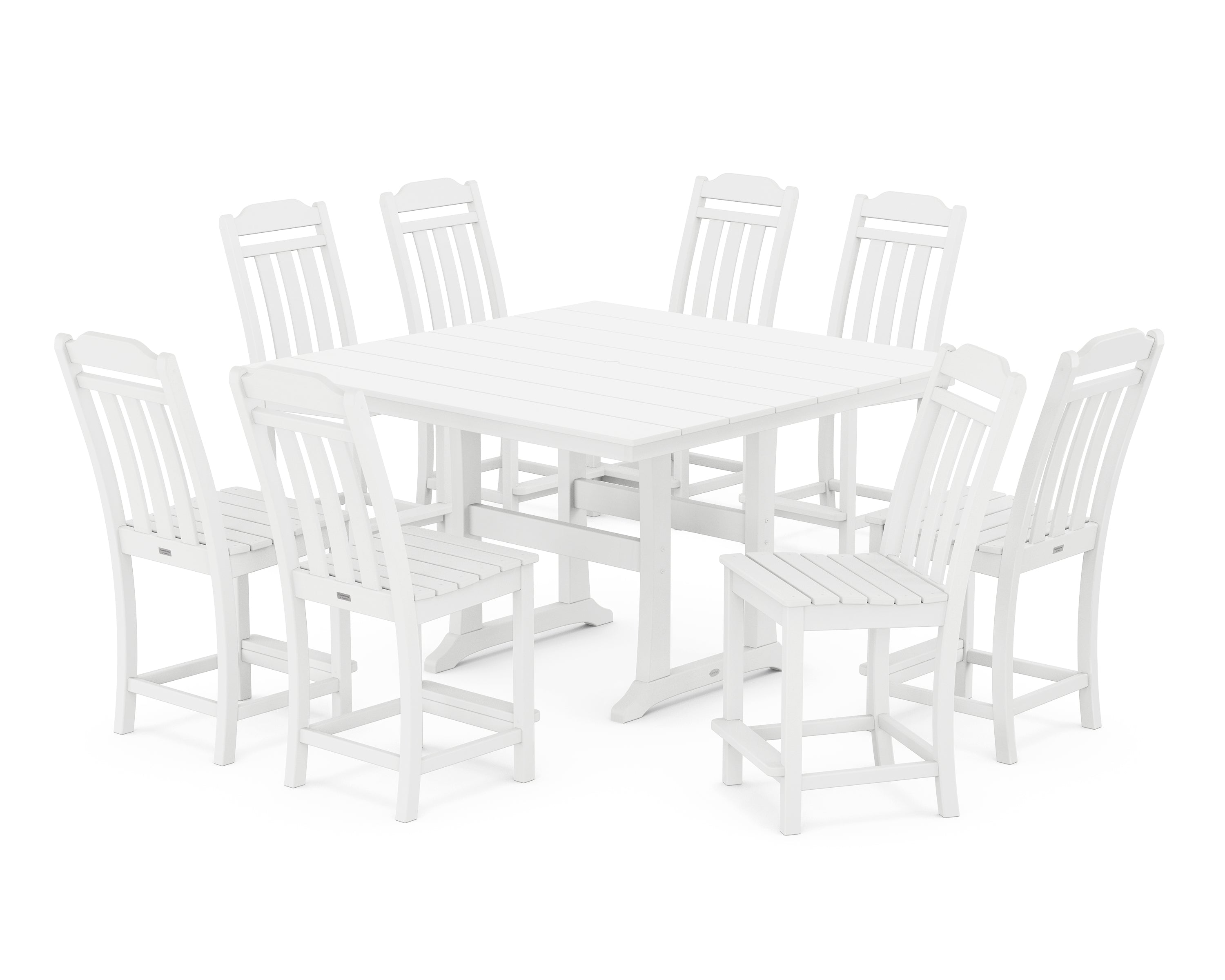 POLYWOOD Country Living 9-Piece Square Farmhouse Side Chair Counter Set with Trestle Legs in White