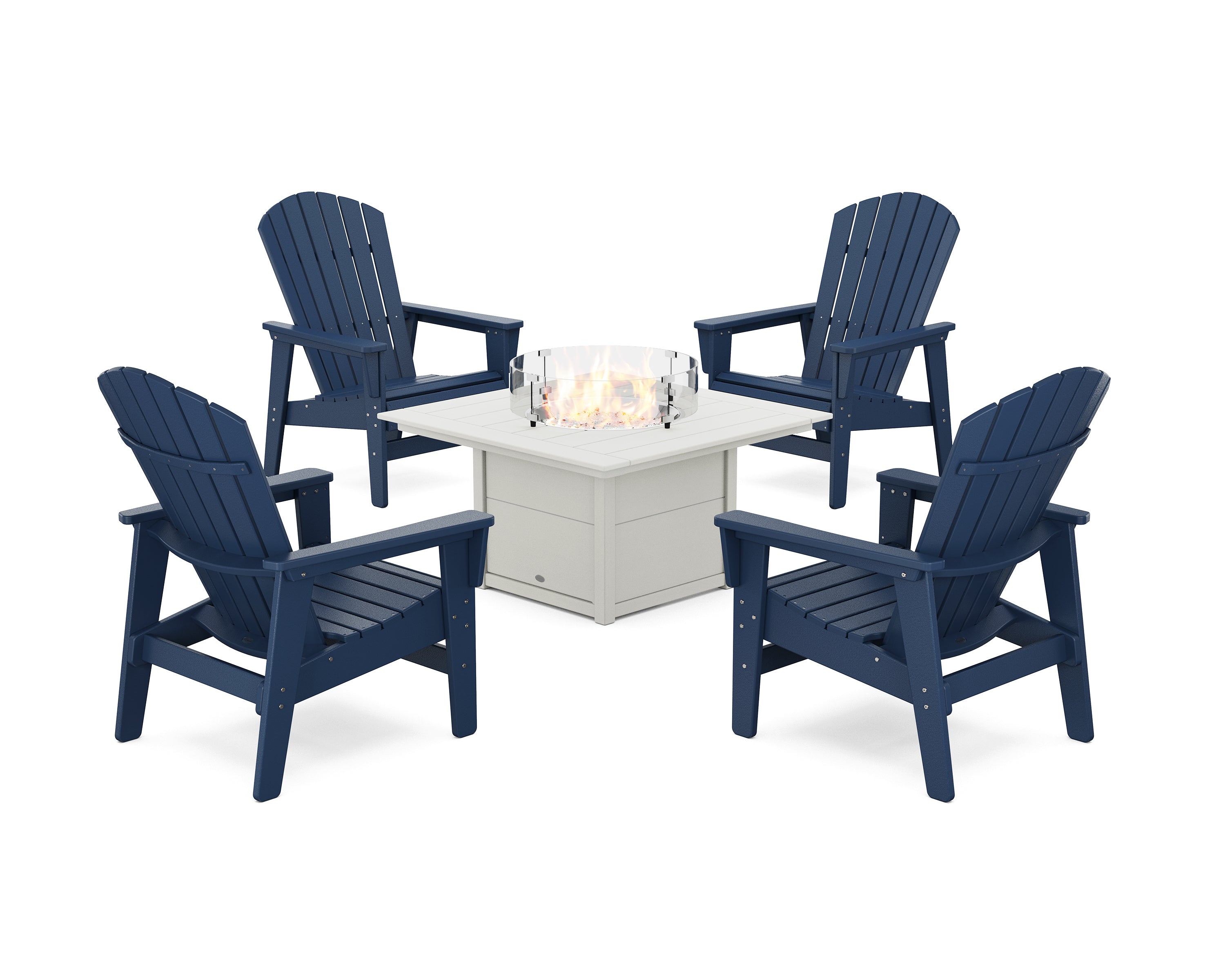 POLYWOOD® 5-Piece Nautical Grand Upright Adirondack Conversation Set with Fire Pit Table in Navy / White