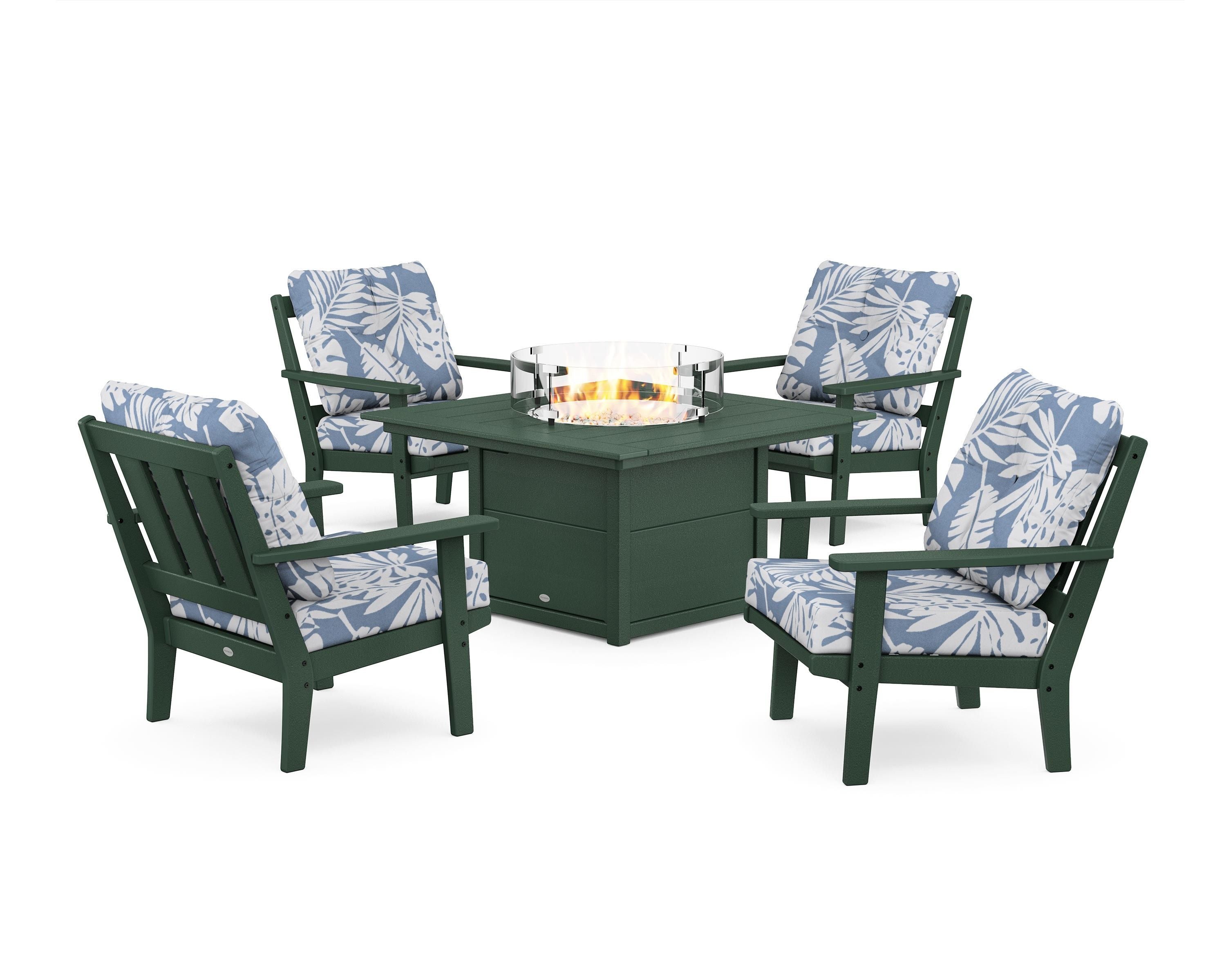 POLYWOOD Oxford 5-Piece Deep Seating Set with Fire Pit Table in Green / Leaf Sky Blue