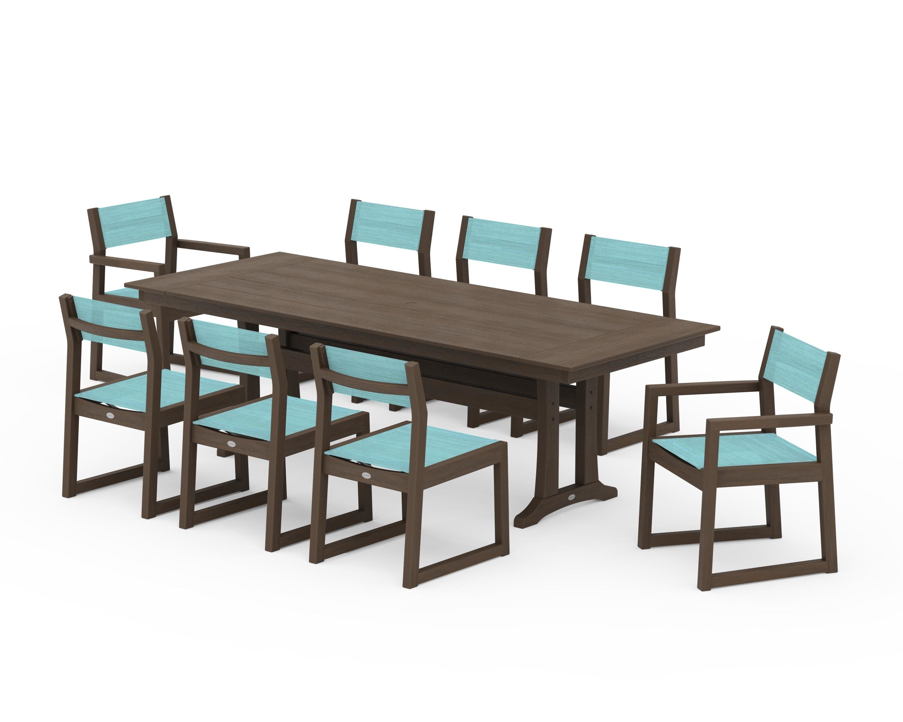 POLYWOOD EDGE Sling 9-Piece Farmhouse Trestle Dining Set in Kona / Dupioni Aquamarine Sling