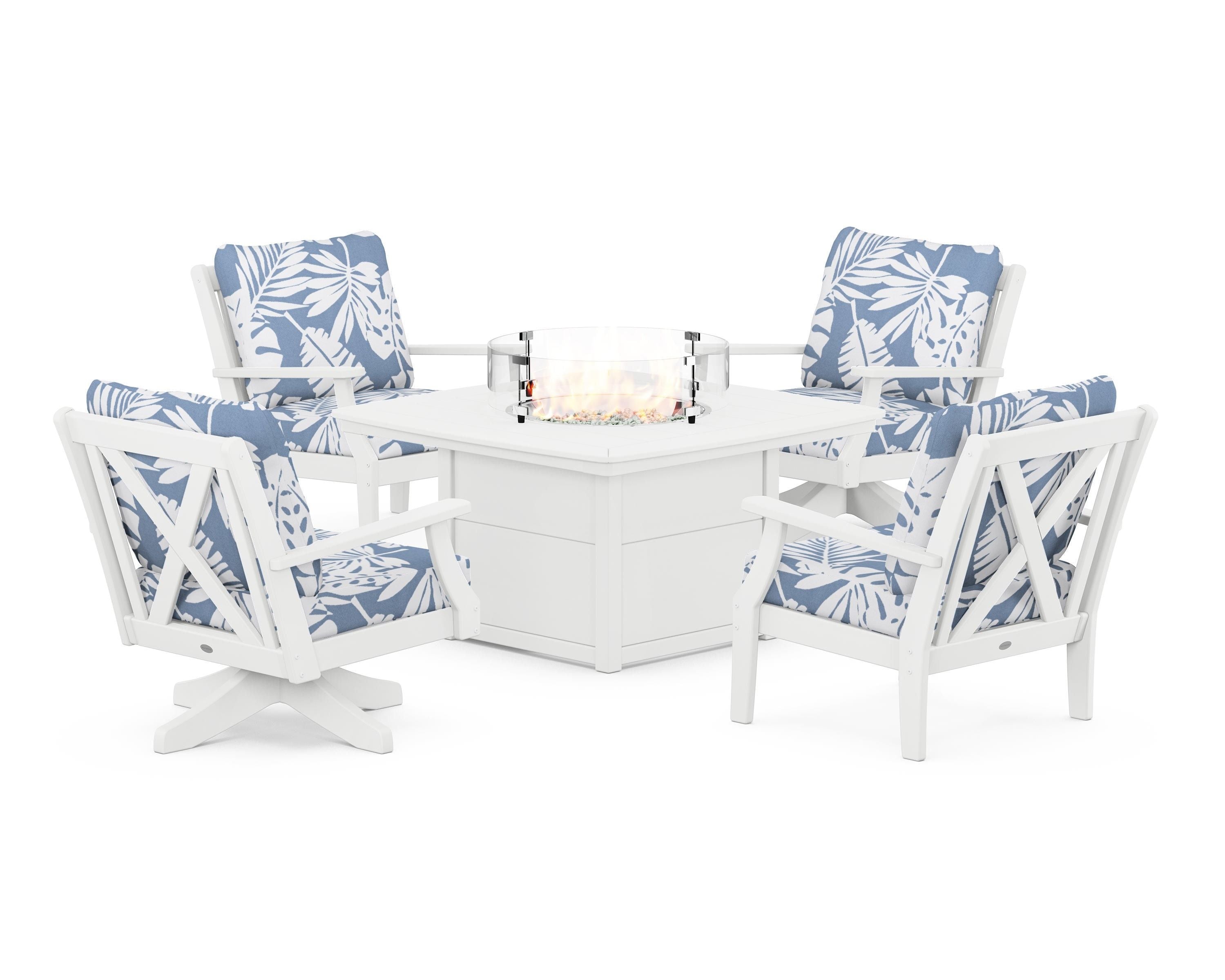 POLYWOOD Braxton 5-Piece Deep Seating Set with Fire Table in White / Leaf Sky Blue