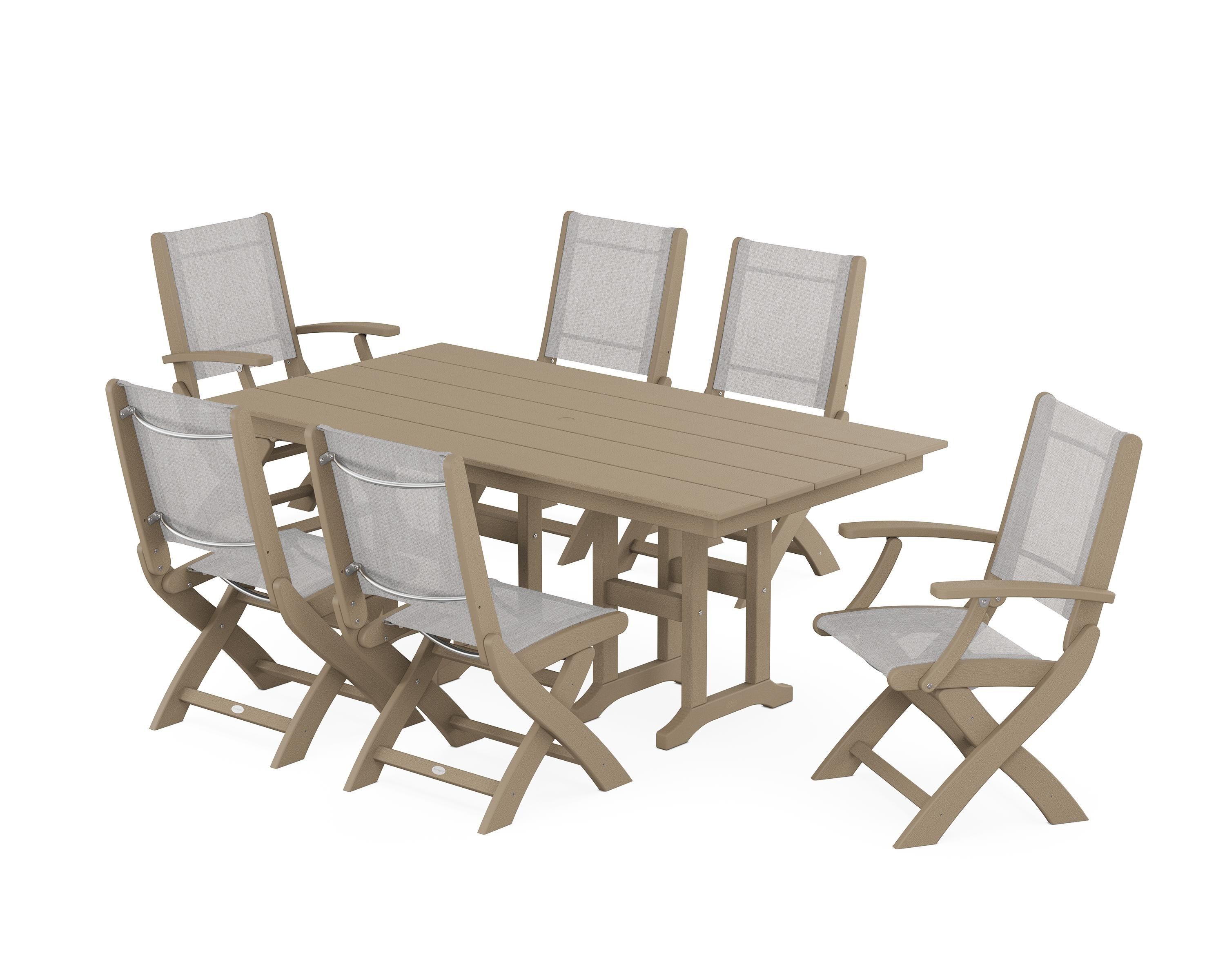POLYWOOD Coastal Folding Chair 7-Piece Farmhouse Dining Set in Vintage Sahara / Parchment Sling