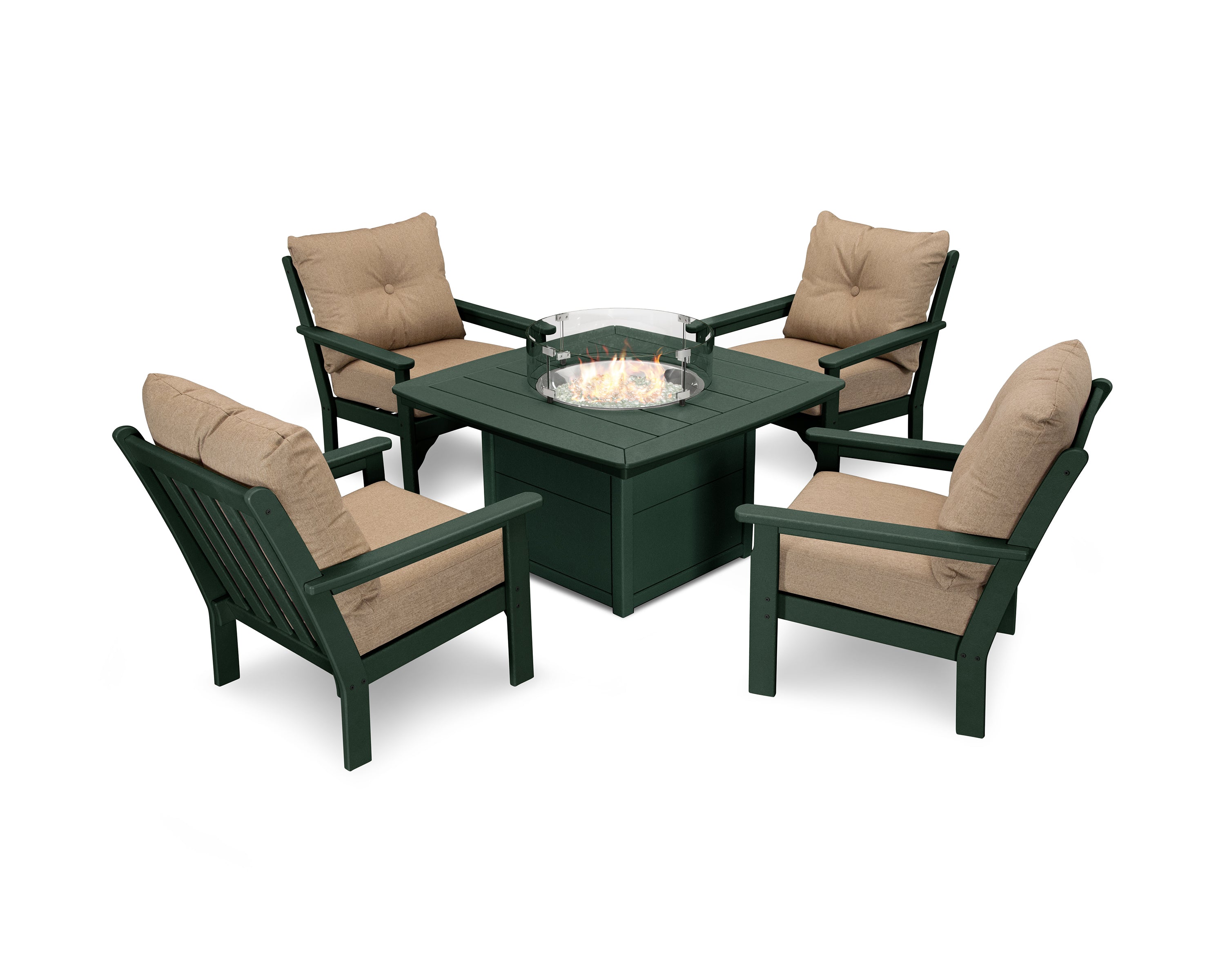 POLYWOOD Vineyard 5-Piece Conversation Set with Fire Pit Table in Green / Sesame