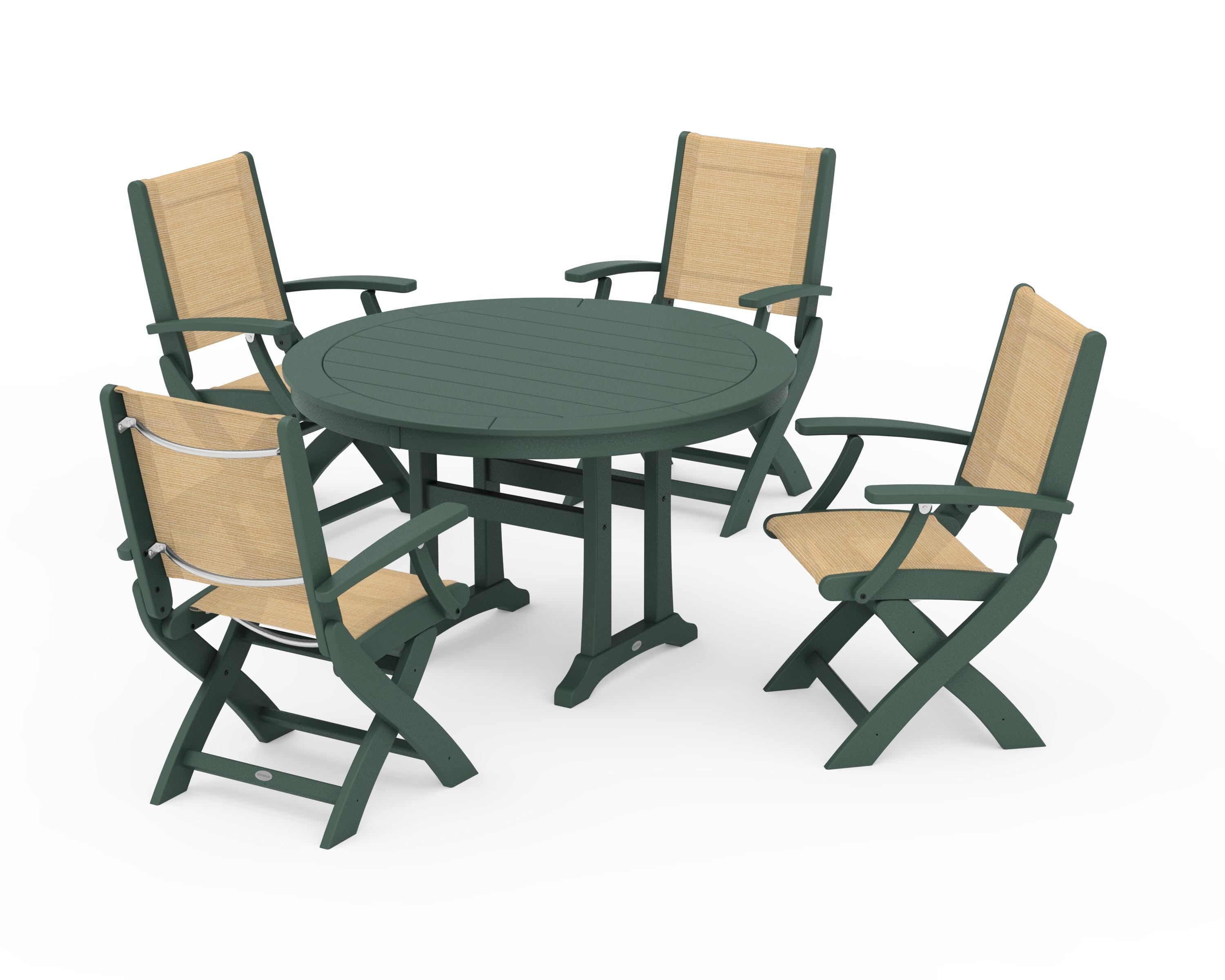 POLYWOOD Coastal Folding Chair 5-Piece Round Dining Set with Trestle Legs in Green / Dupioni Apricot Sling