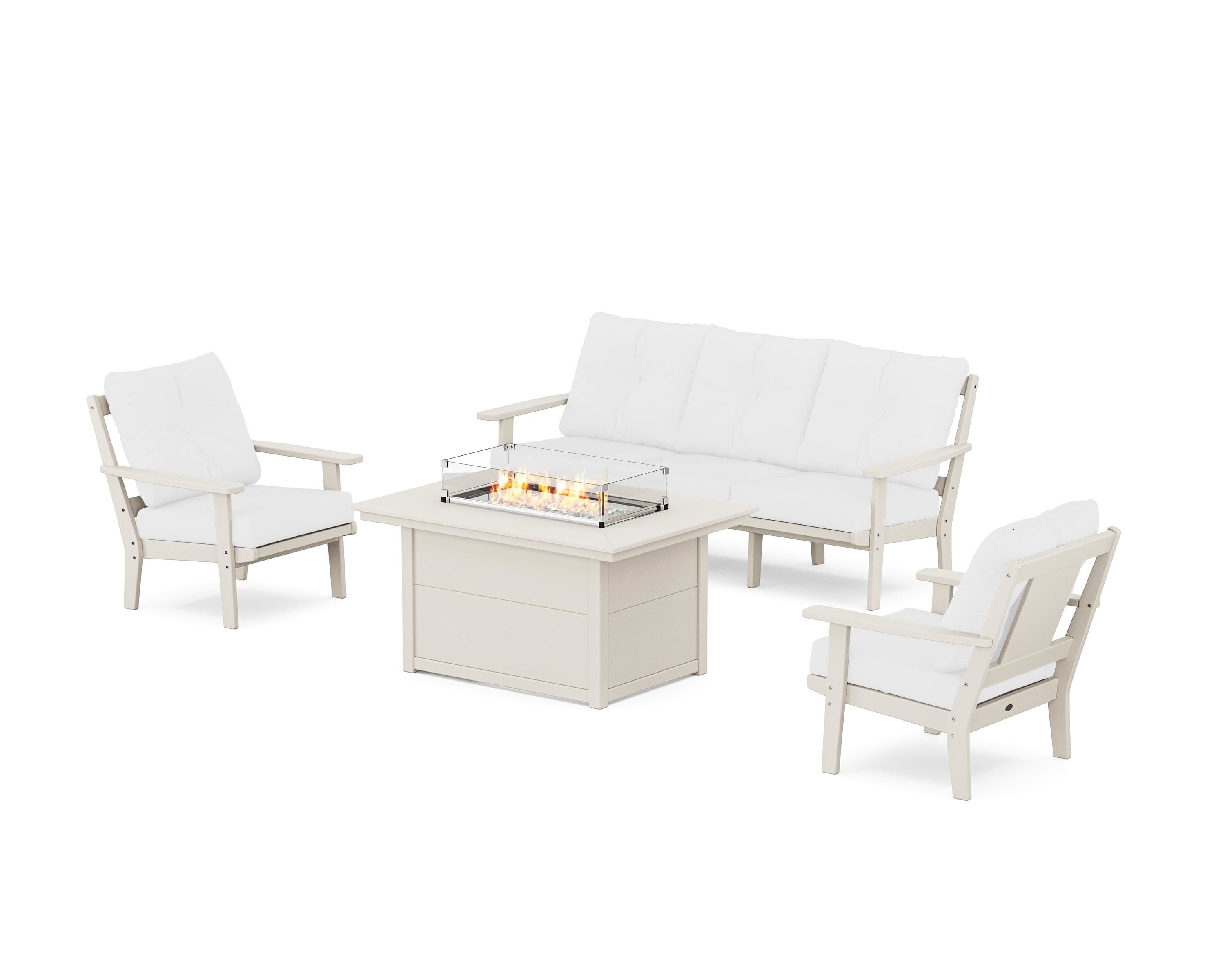POLYWOOD Prairie Deep Seating Fire Pit Table Set in Sand / Natural