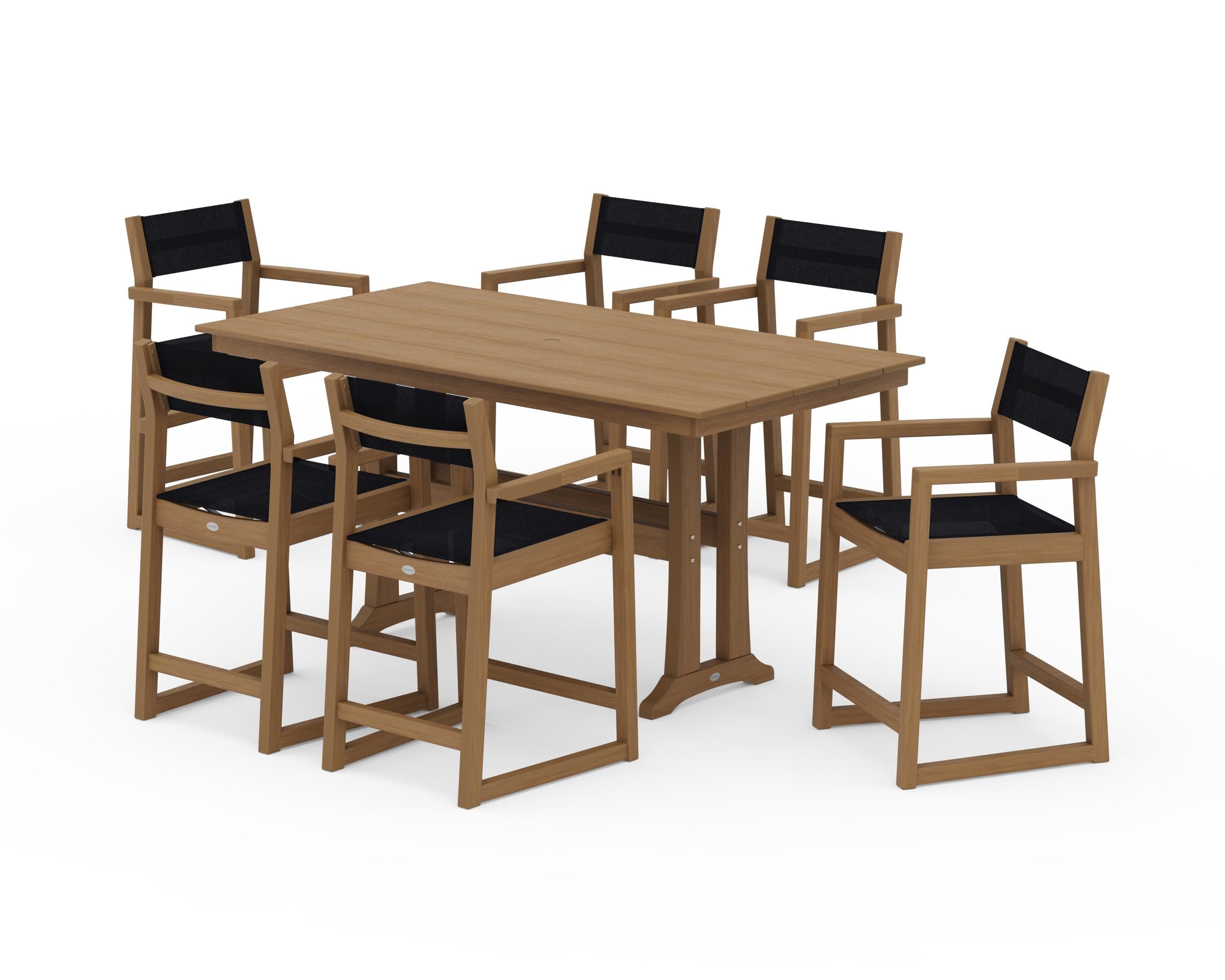 POLYWOOD EDGE Sling Arm Chair 7-Piece Farmhouse Counter Set with Trestle Legs in Natural / Black Sling