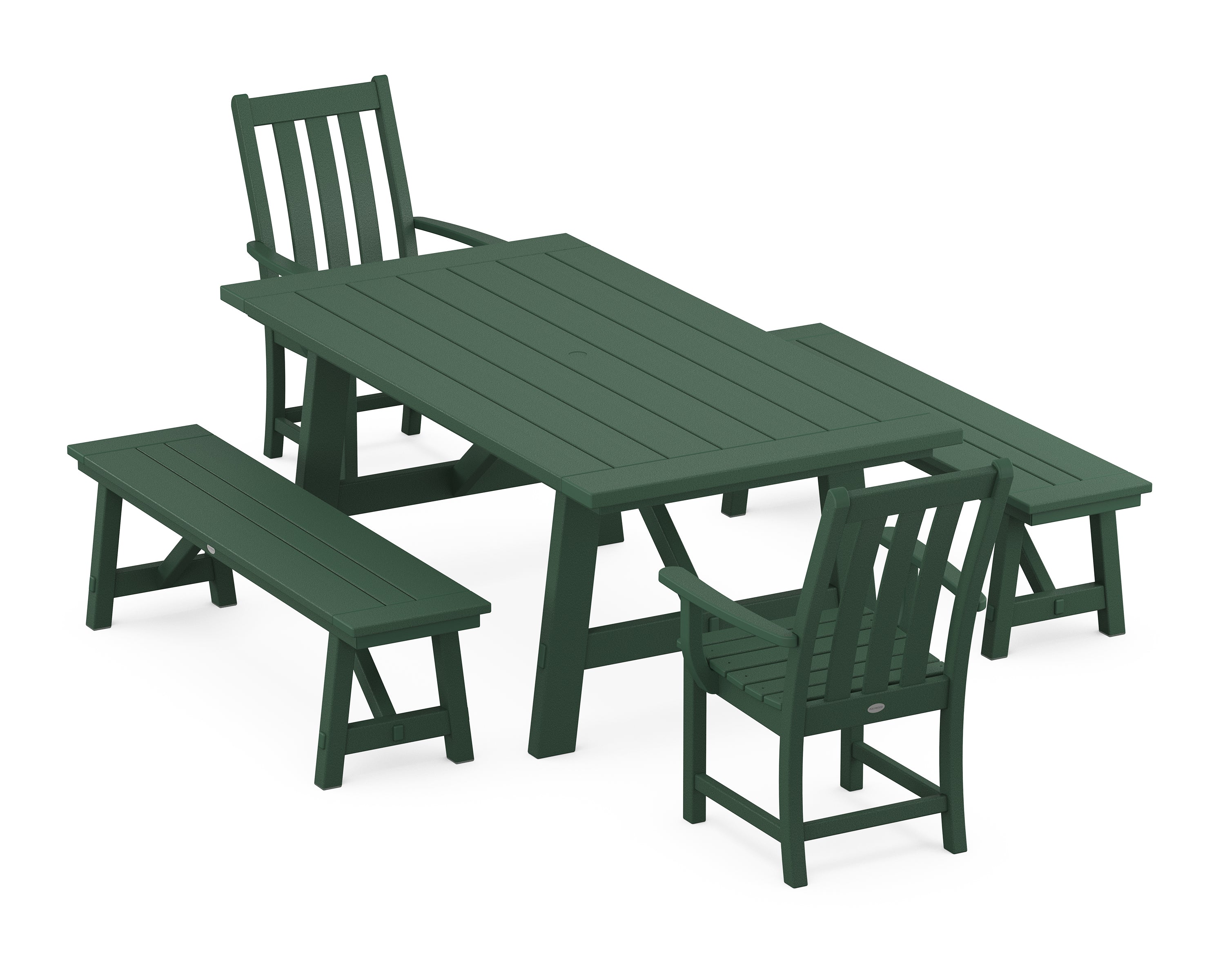 POLYWOOD® Vineyard 5-Piece Rustic Farmhouse Dining Set With Benches in Green