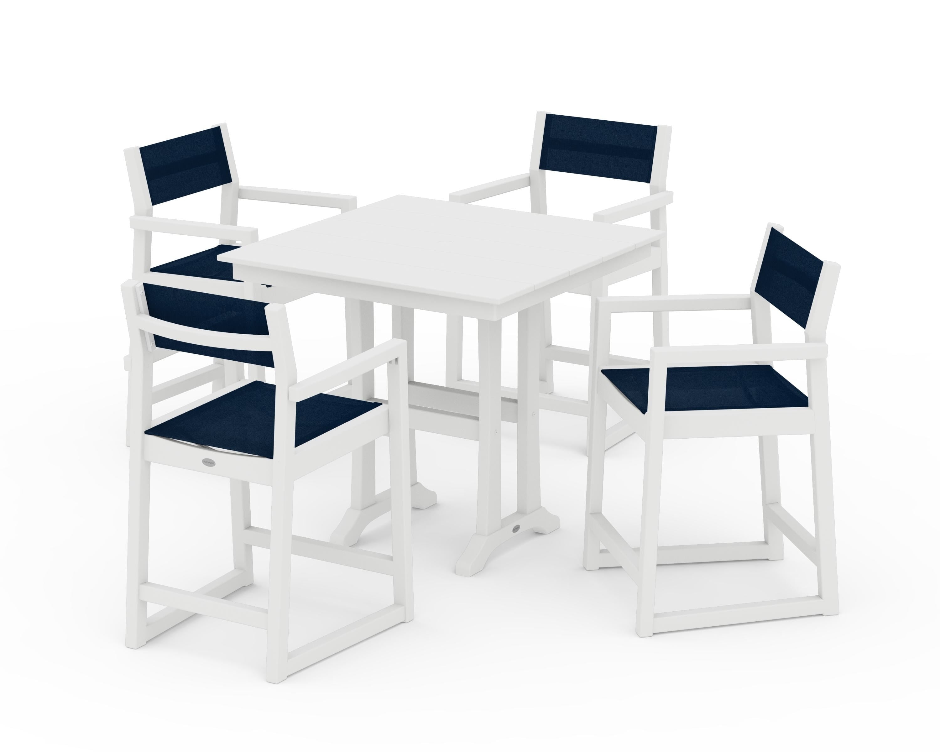 POLYWOOD EDGE Sling Arm Chair 5-Piece Farmhouse Counter Set with Trestle Legs in White / Navy Blue Sling