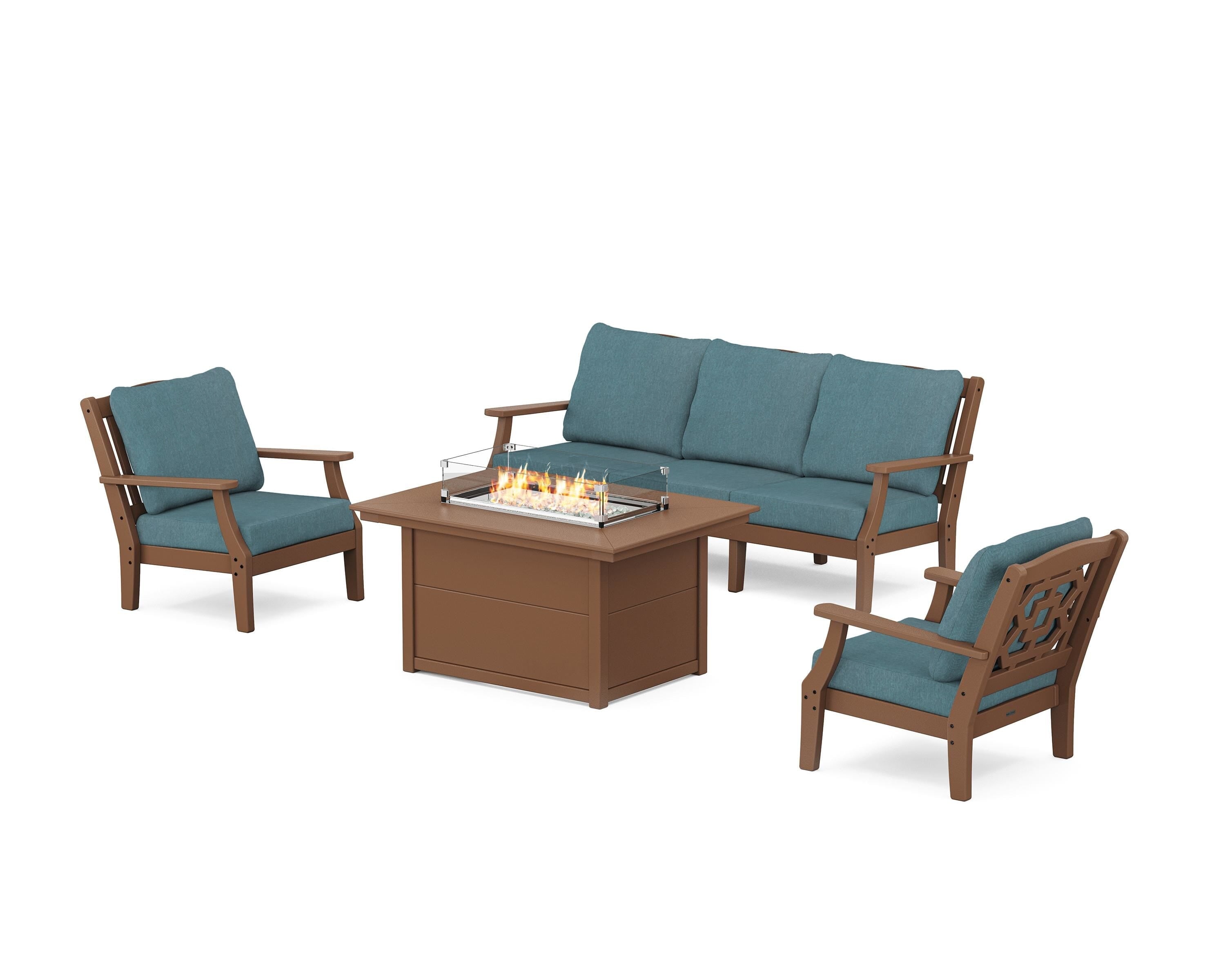 Martha Stewart by POLYWOOD Chinoiserie Deep Seating Fire Pit Table Set in Teak / Ocean Teal