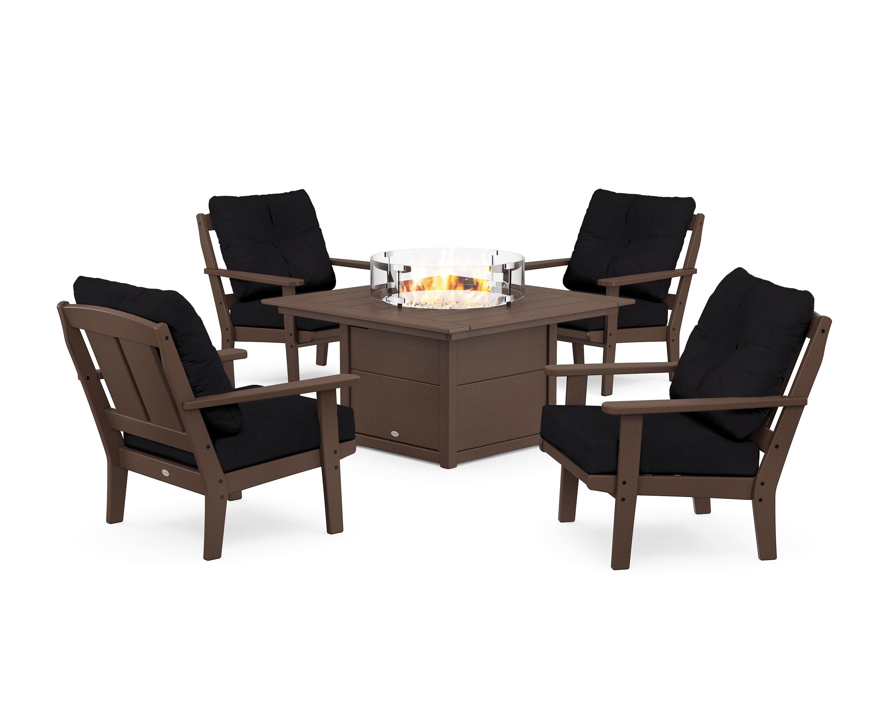 POLYWOOD Mission 5-Piece Deep Seating Set with Fire Pit Table in Mahogany / Midnight Linen
