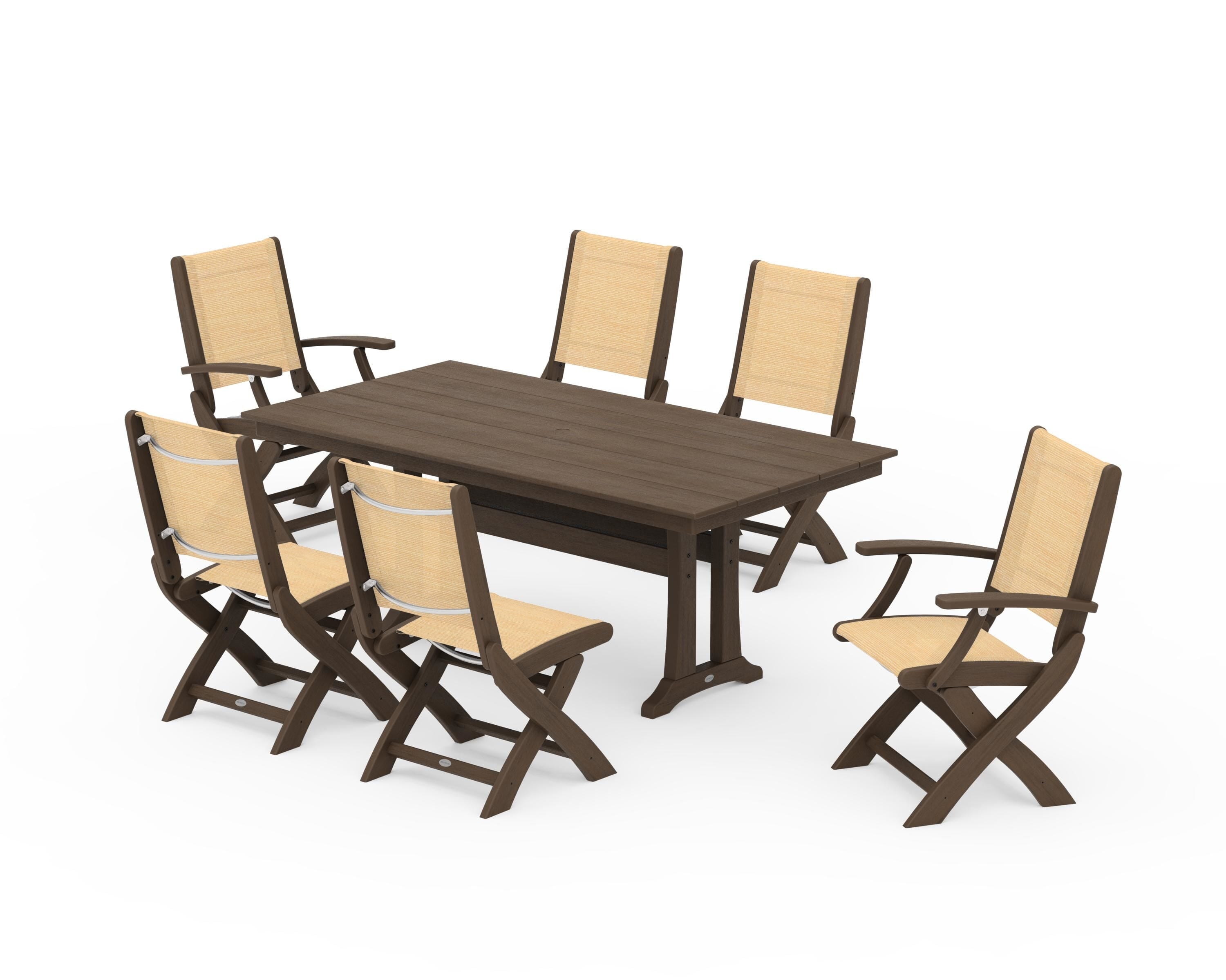 POLYWOOD Coastal Folding Chair 7-Piece Farmhouse Dining Set with Trestle Legs in Kona / Dupioni Apricot Sling