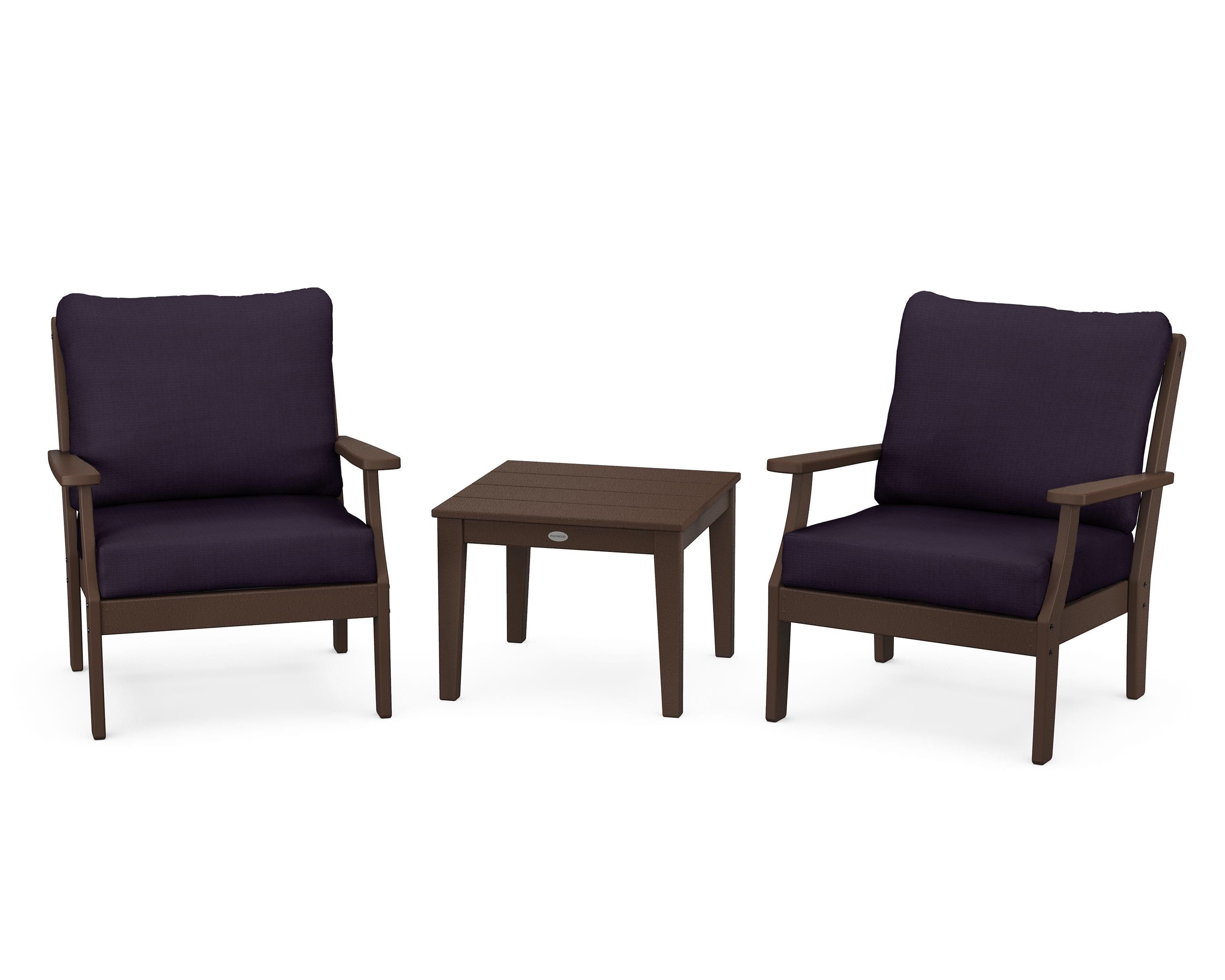 POLYWOOD Braxton 3-Piece Deep Seating Set in Mahogany / Navy Linen