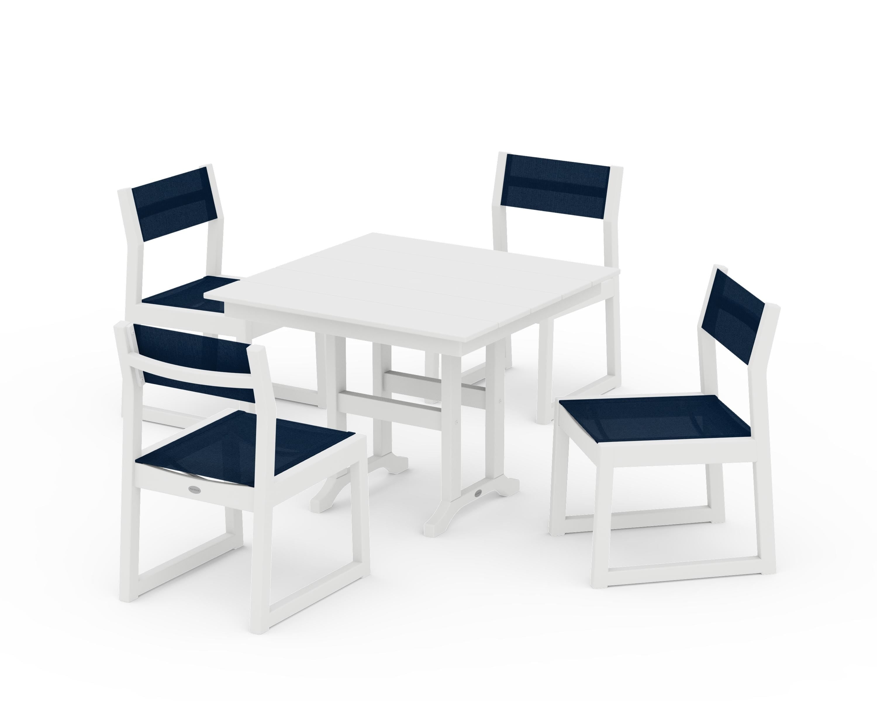 POLYWOOD EDGE Sling Side Chair 5-Piece Farmhouse Dining Set in White / Navy Blue Sling