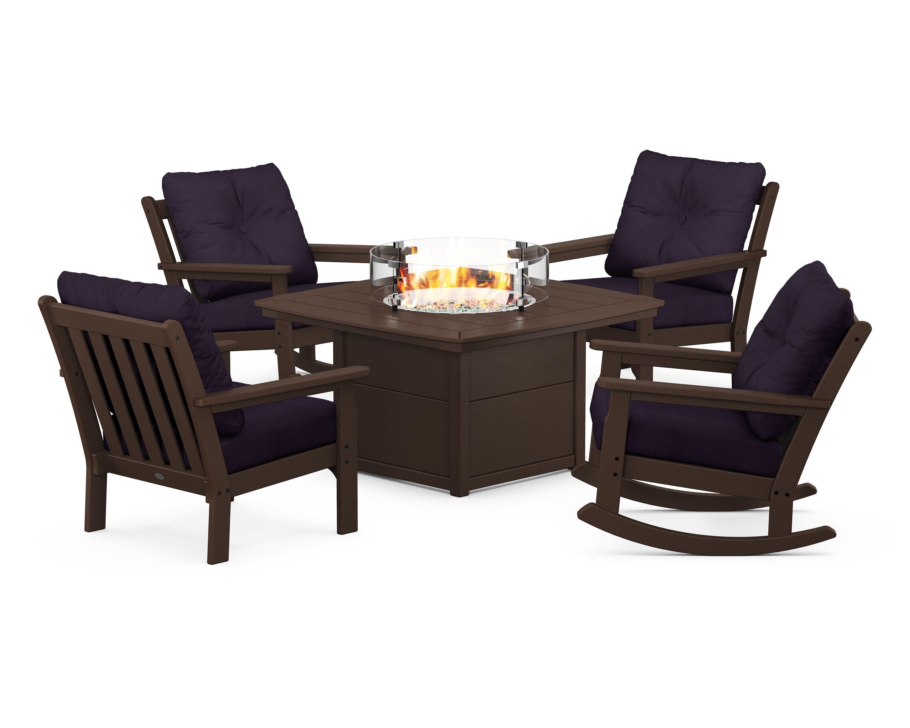 POLYWOOD Vineyard 5-Piece Deep Seating Rocking Chair Conversation Set with Fire Pit Table in Mahogany / Navy Linen