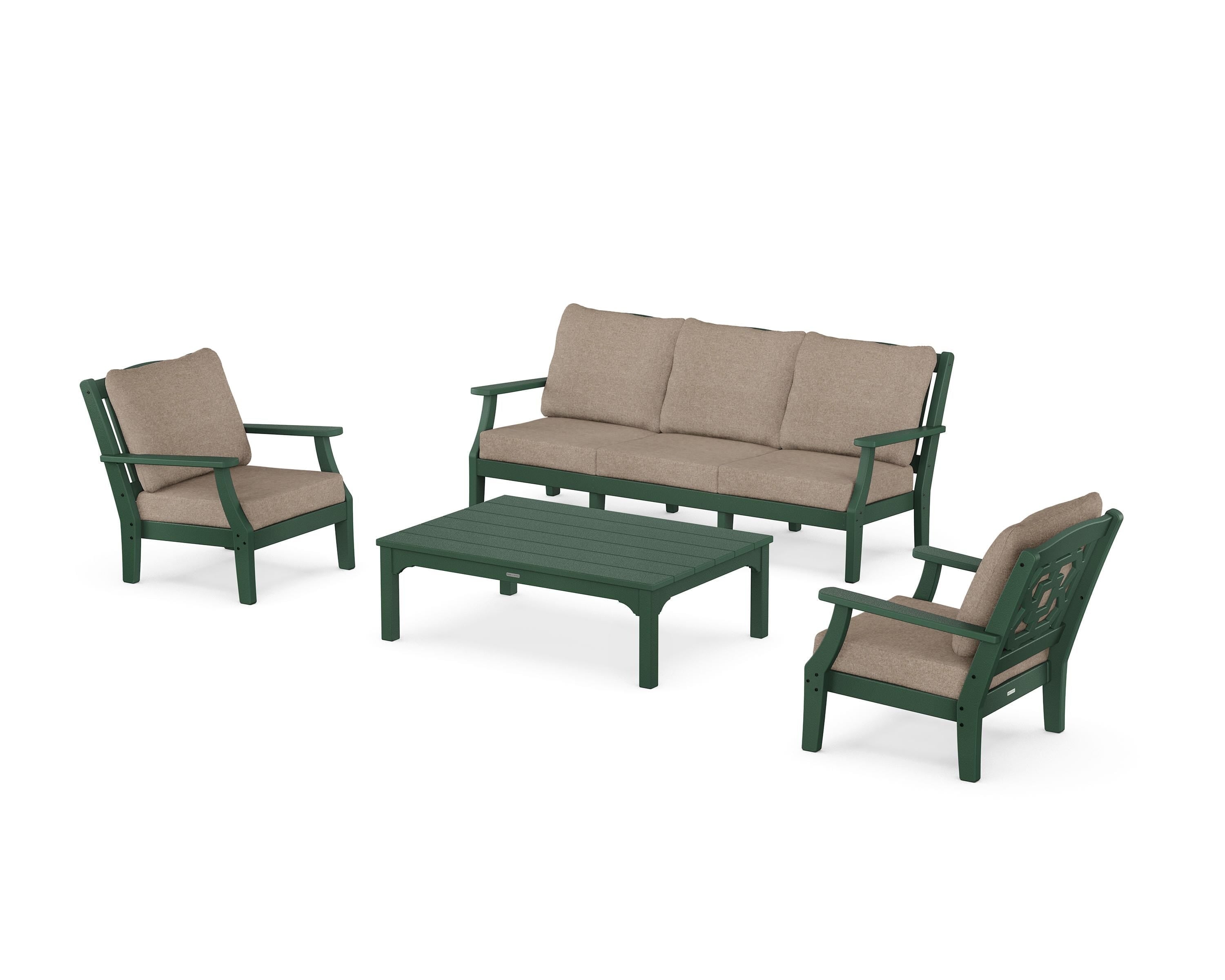 Martha Stewart by POLYWOOD Chinoiserie 4-Piece Deep Seating Set with Sofa in Green / Spiced Burlap