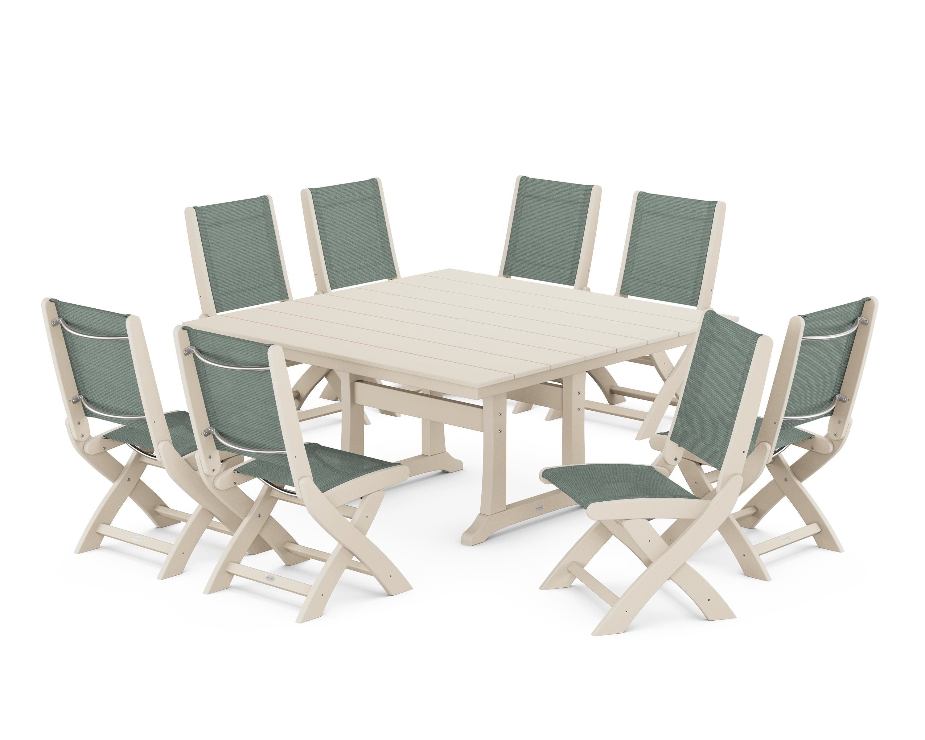POLYWOOD Coastal Folding Side Chair 9-Piece Farmhouse Dining Set in Sand / Dupioni Sea Mist Sling