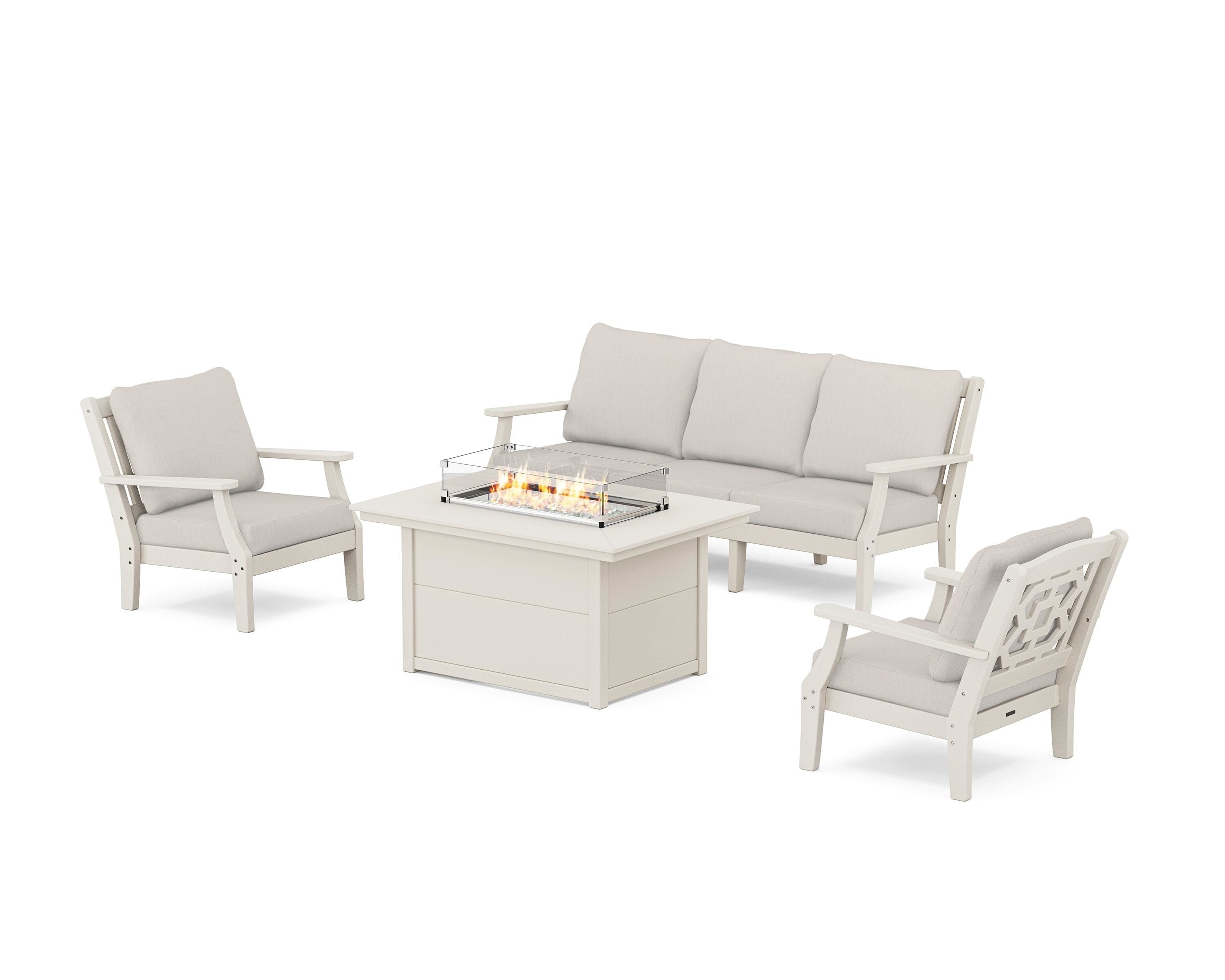 Martha Stewart by POLYWOOD Chinoiserie Deep Seating Fire Pit Table Set in Sand / Cast Ash