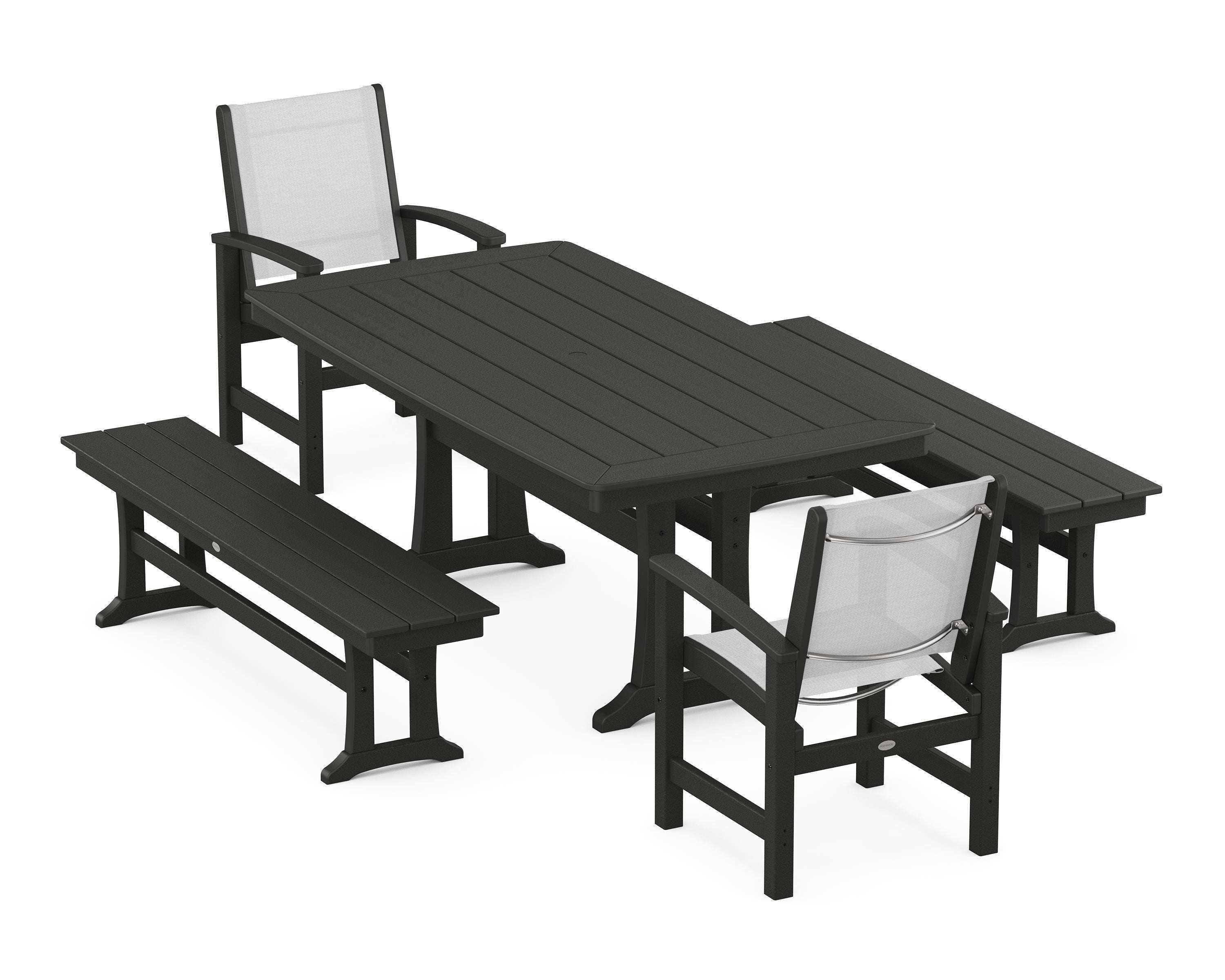 POLYWOOD Coastal 5-Piece Dining Set with Trestle Legs and Benches in Black / White Sling