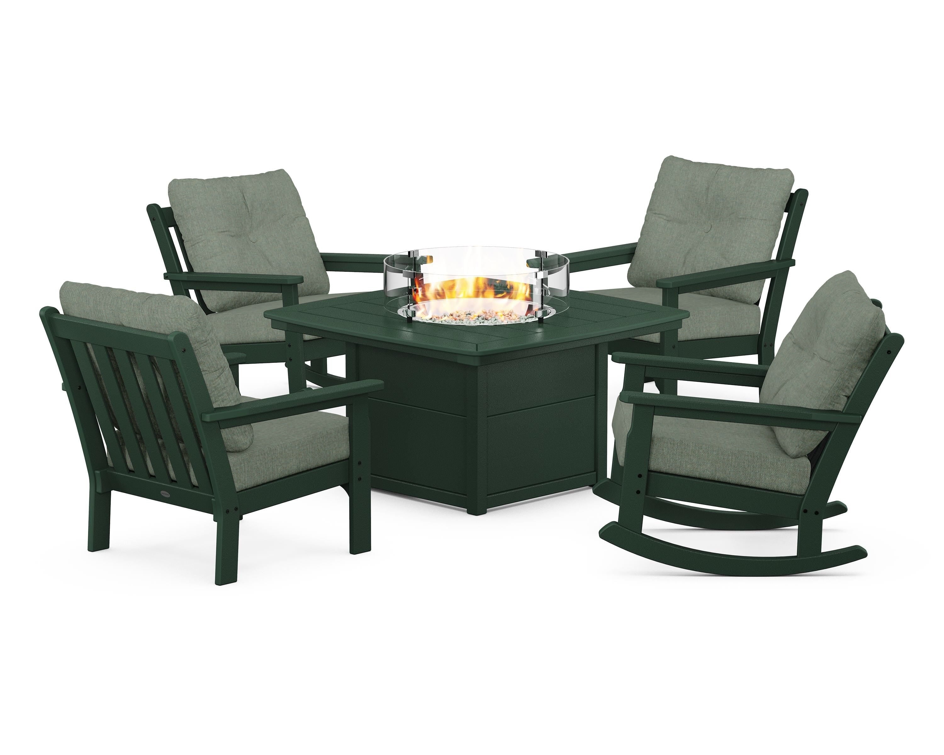 POLYWOOD Vineyard 5-Piece Deep Seating Rocking Chair Conversation Set with Fire Pit Table in Green / Cast Sage