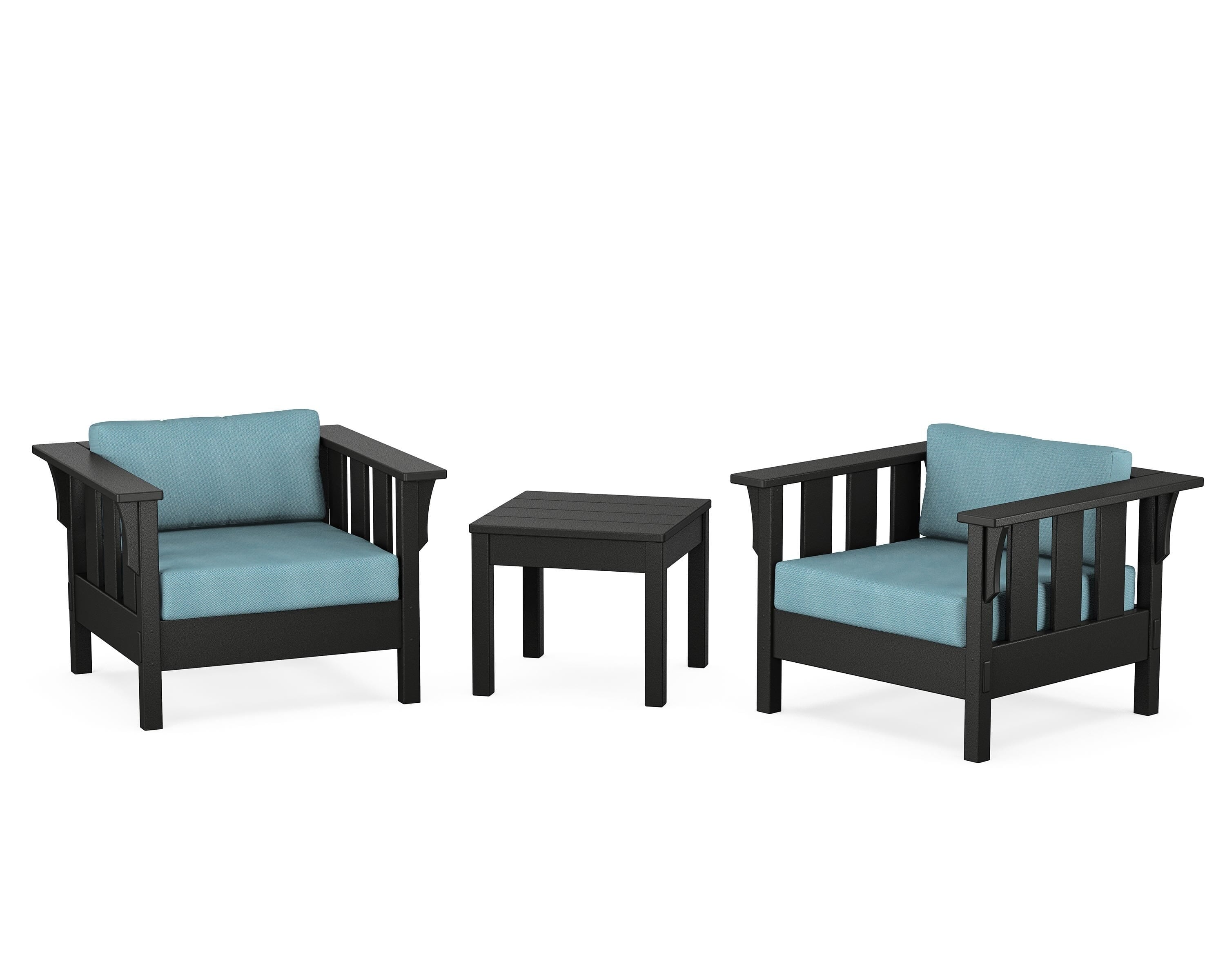Martha Stewart by POLYWOOD Acadia 3-Piece Deep Seating Set in Black / Lattice Sky Blue