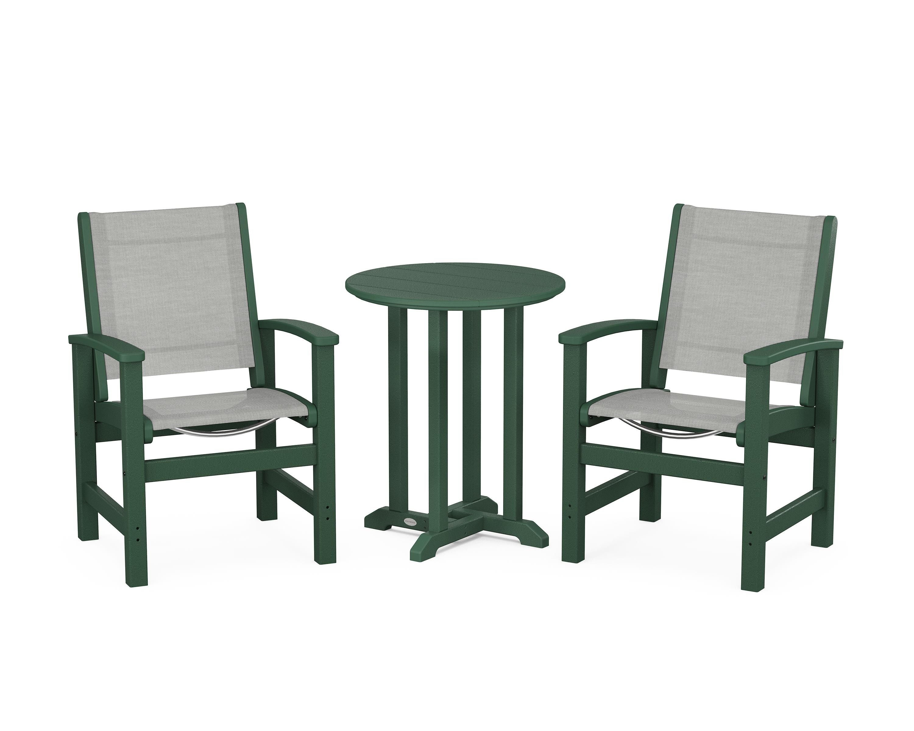 POLYWOOD Coastal 3-Piece Round Bistro Dining Set in Green / Metallic Sling