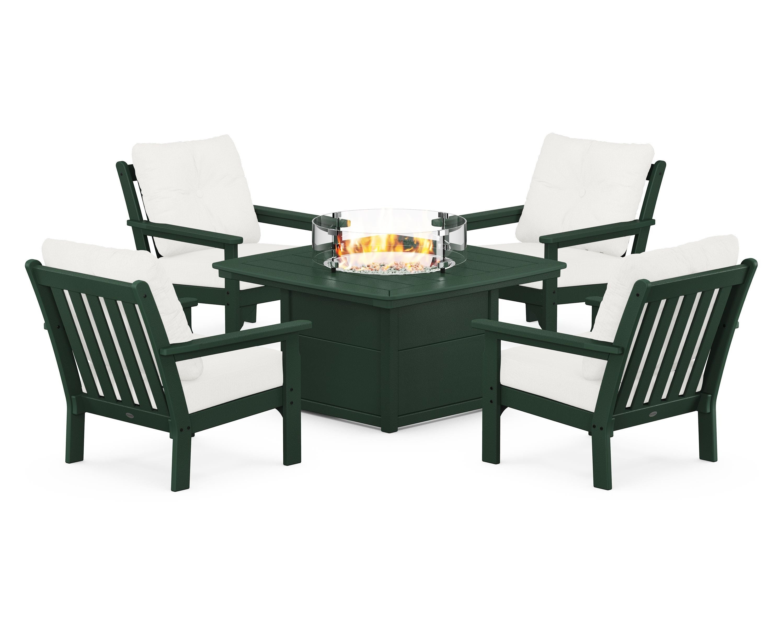 POLYWOOD Vineyard 5-Piece Conversation Set with Fire Pit Table in Green / Natural Linen
