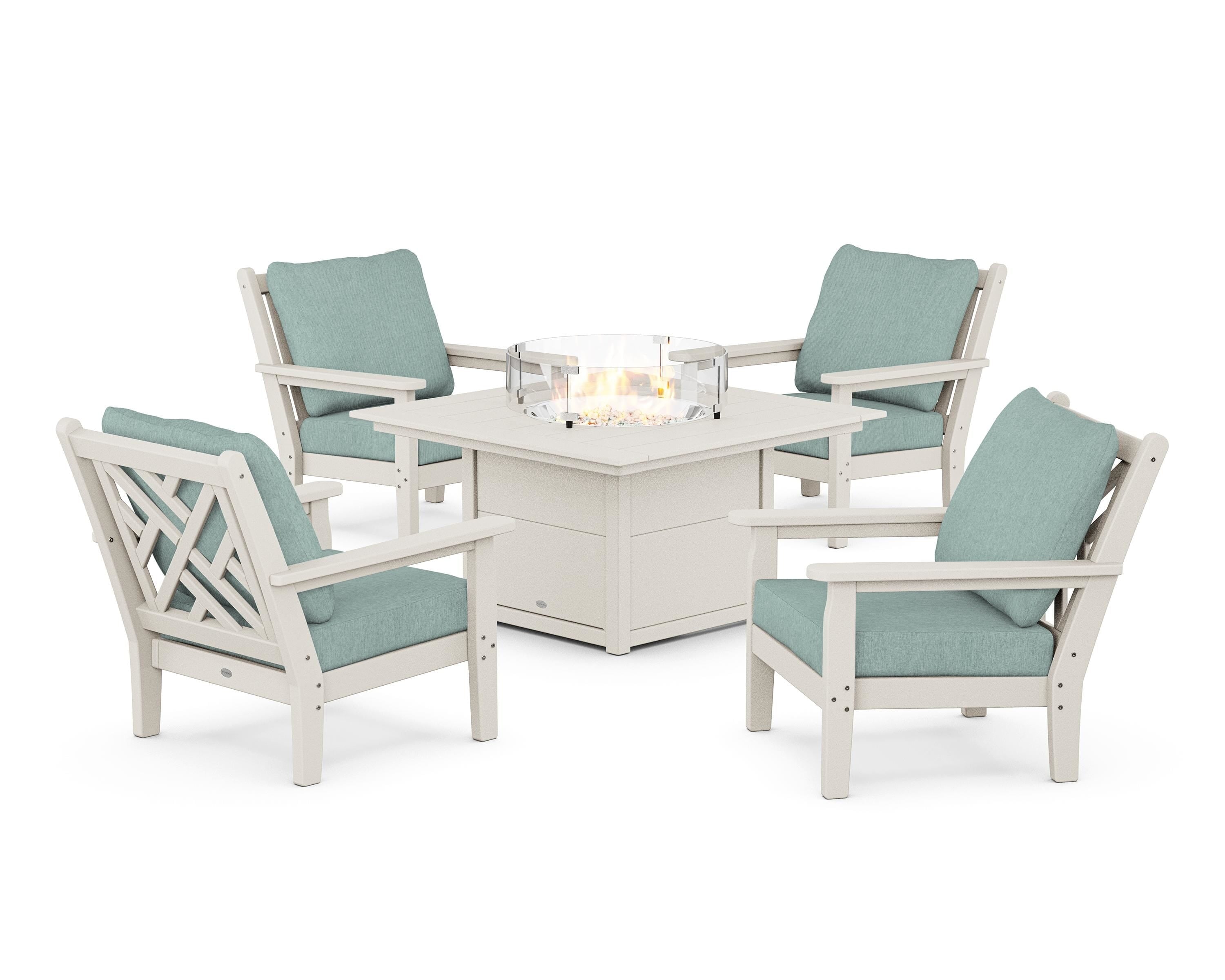 POLYWOOD Chippendale 5-Piece Deep Seating Set with Fire Pit Table in Sand / Glacier Spa