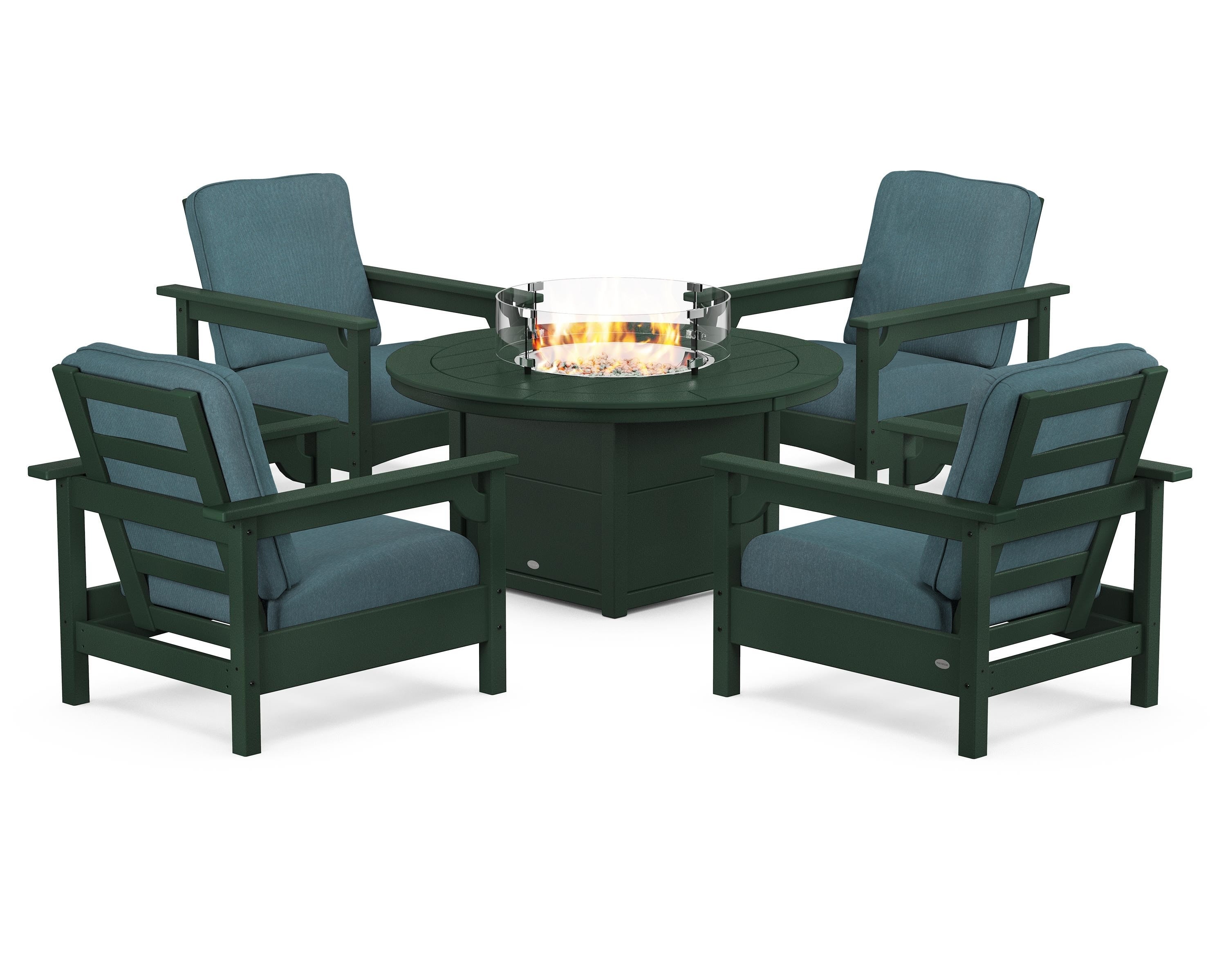 POLYWOOD Club 5-Piece Conversation Set with Fire Pit Table in Green / Ocean Teal