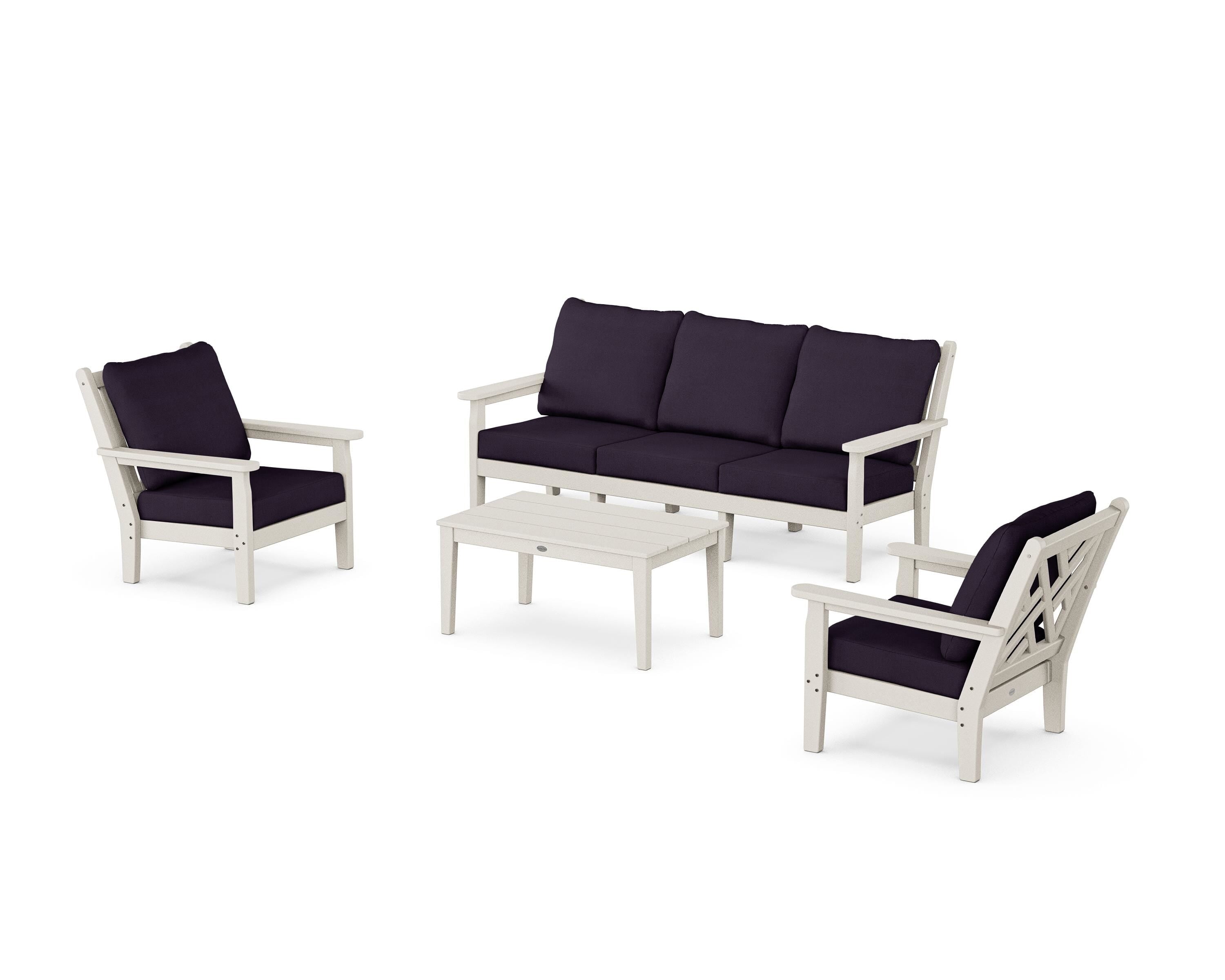 POLYWOOD Chippendale 4-Piece Deep Seating Set with Sofa in Sand / Navy Linen