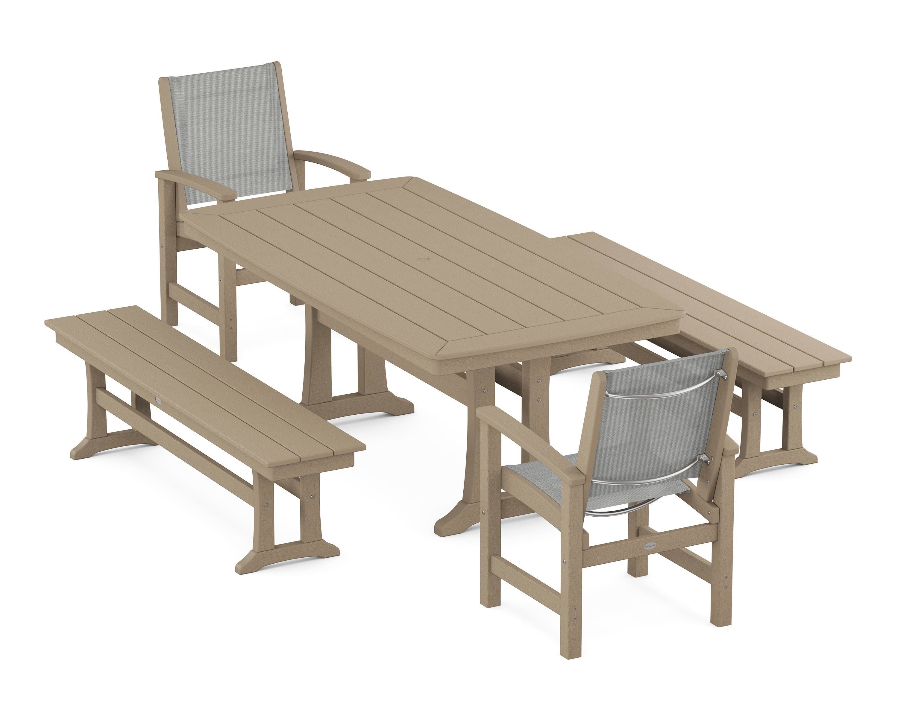 POLYWOOD Coastal 5-Piece Dining Set with Trestle Legs and Benches in Vintage Sahara / Metallic Sling