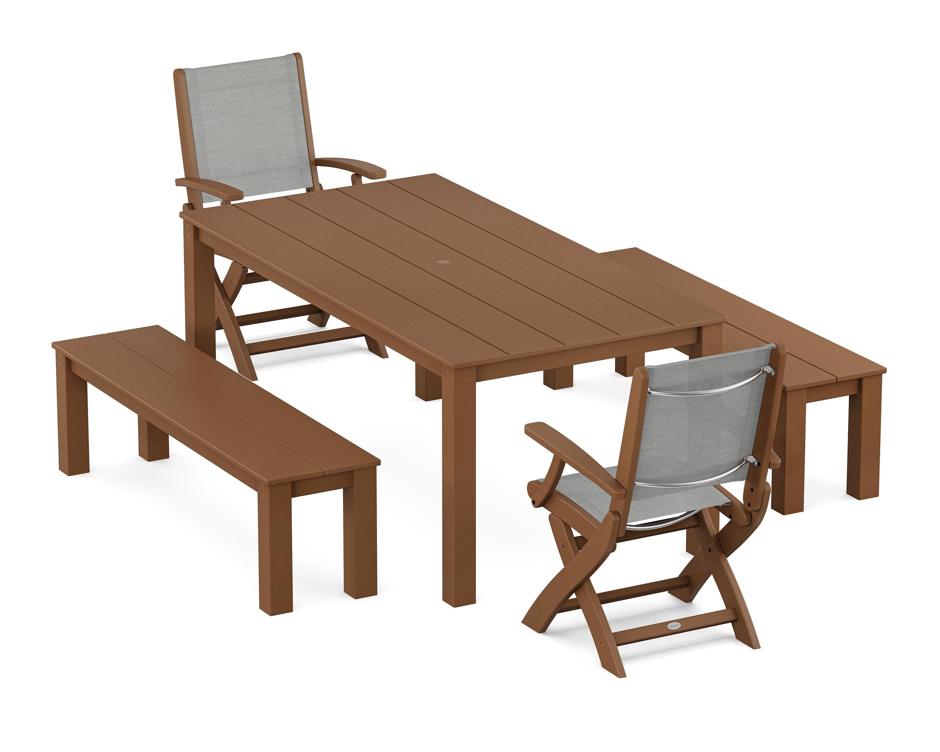POLYWOOD Coastal Folding Chair 5-Piece Parsons Dining Set with Benches in Teak / Metallic Sling