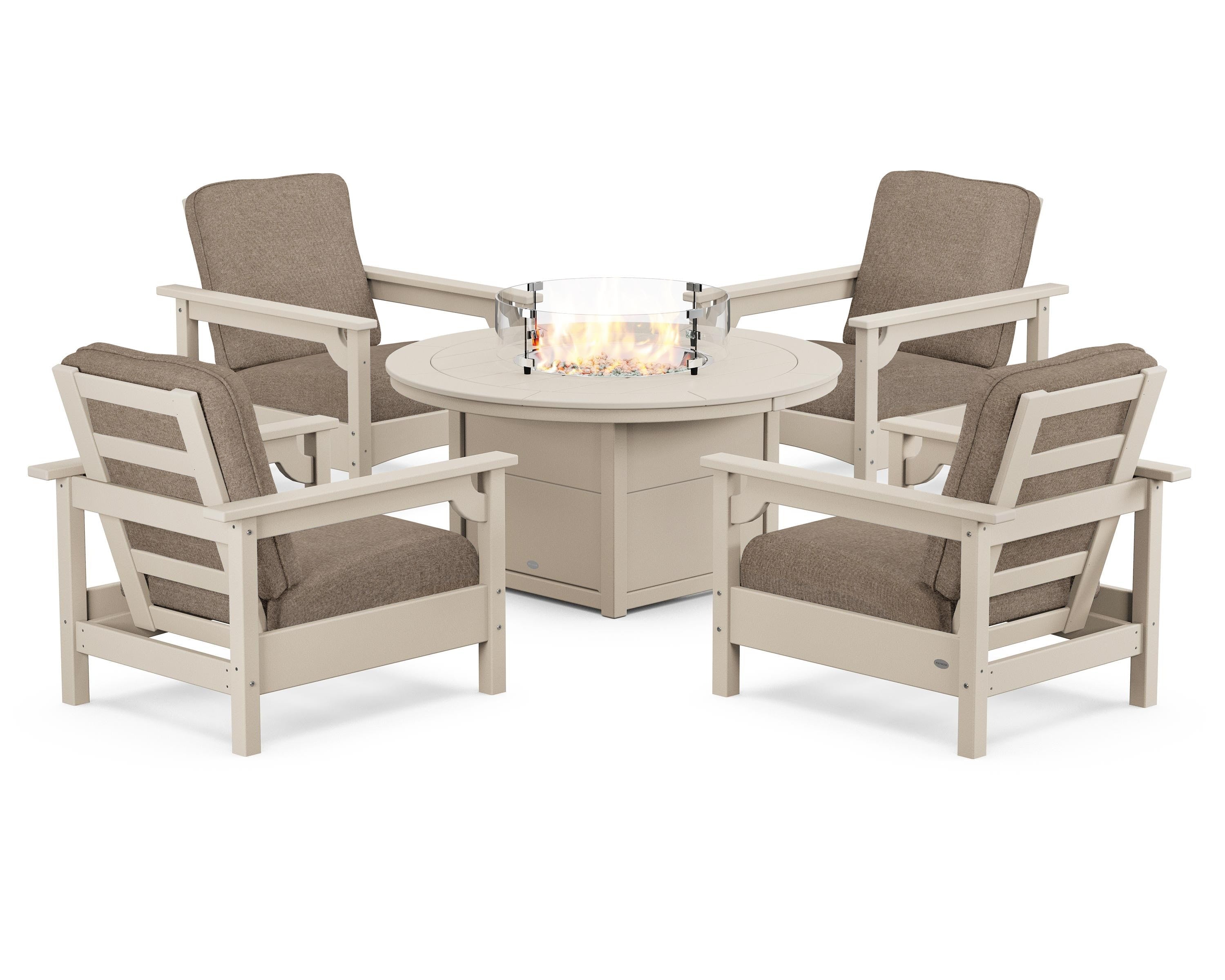 POLYWOOD Club 5-Piece Conversation Set with Fire Pit Table in Sand / Spiced Burlap