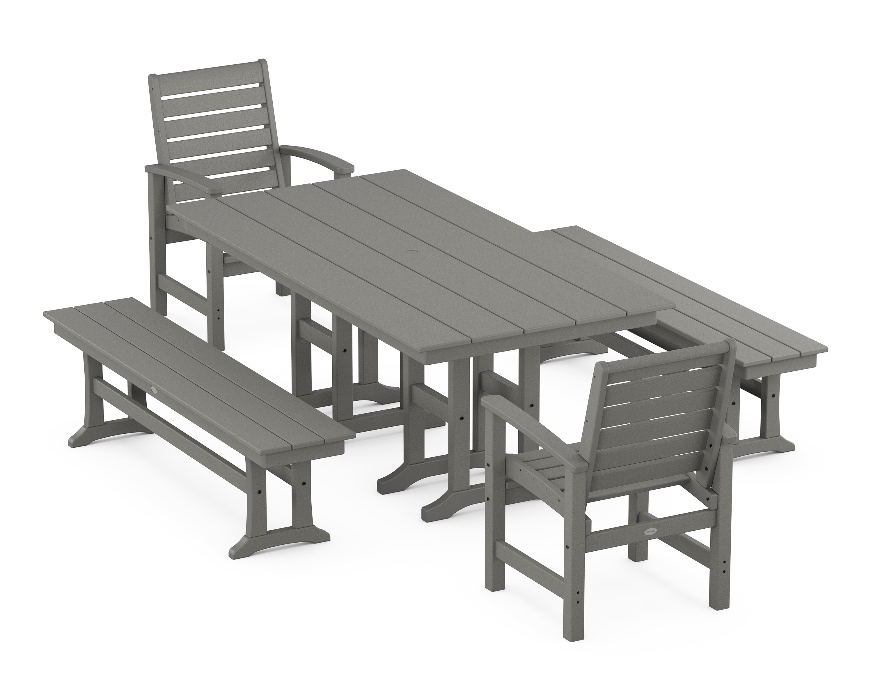 POLYWOOD® Signature 5-Piece Farmhouse Dining Set with Benches in Slate Grey