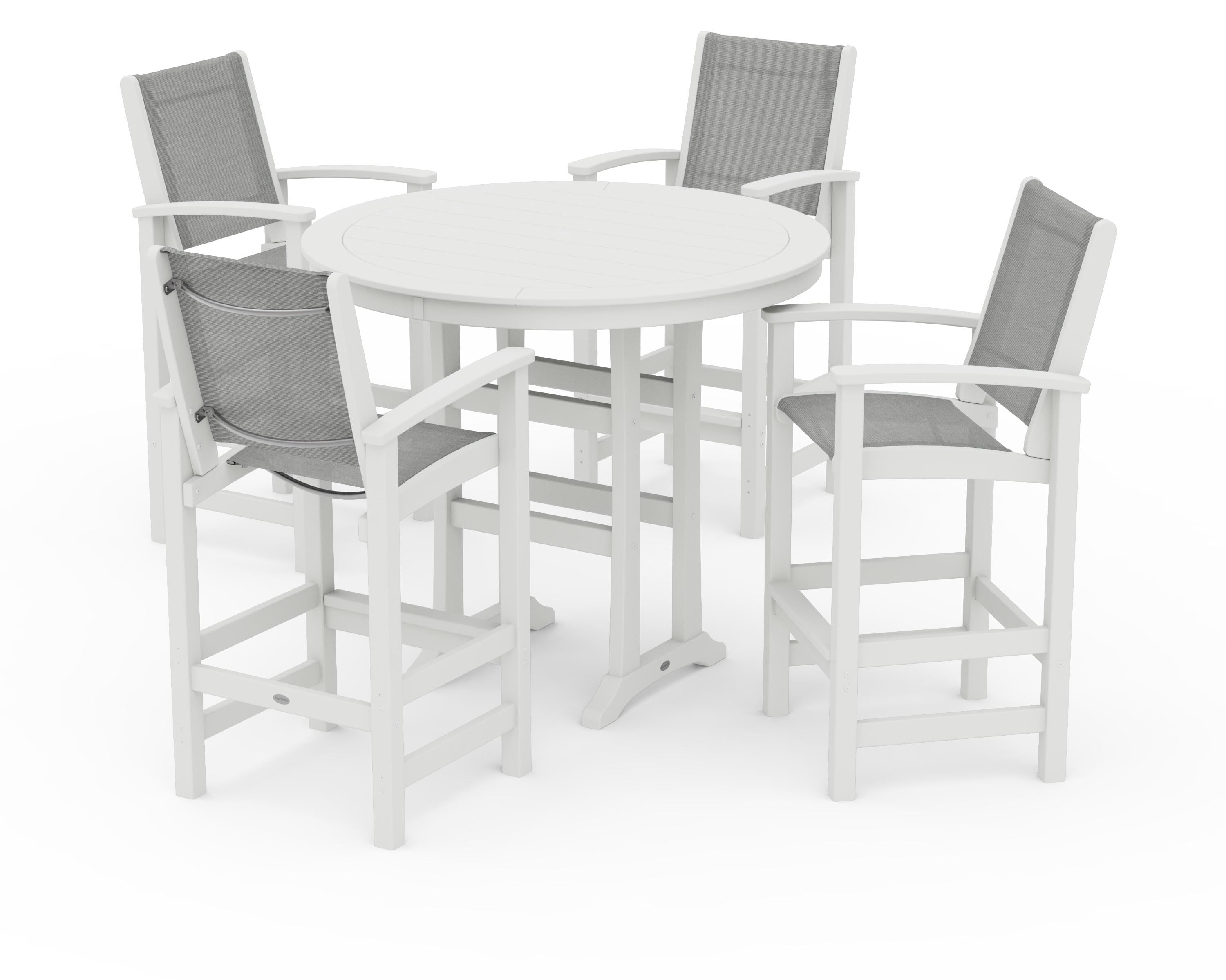 POLYWOOD Coastal 5-Piece Nautical Trestle Bar Set in Vintage White / Metallic Sling