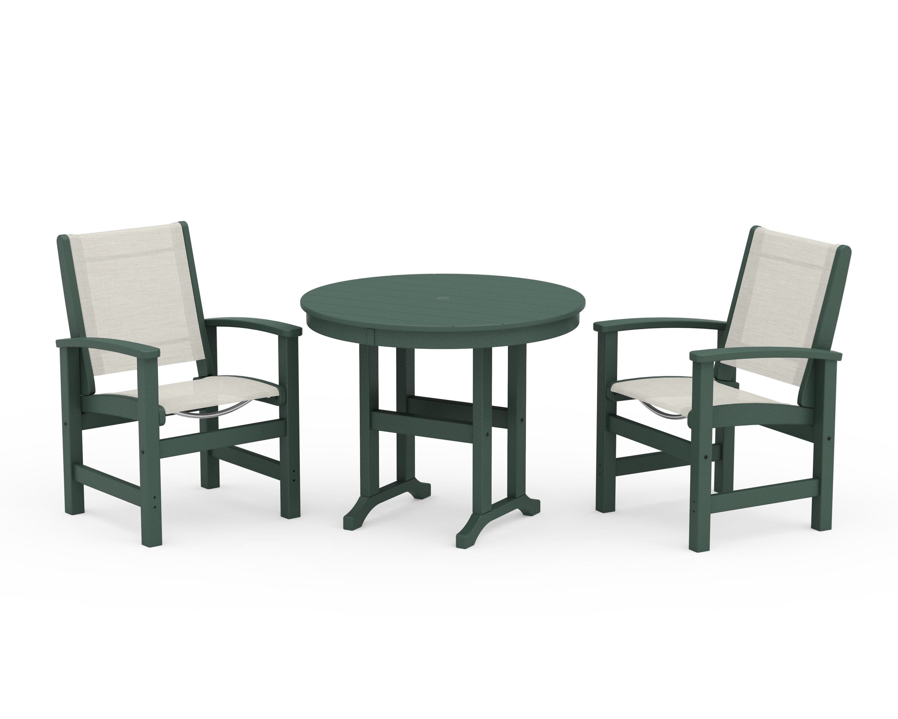 POLYWOOD Coastal 3-Piece Round Dining Set in Green / Parchment Sling
