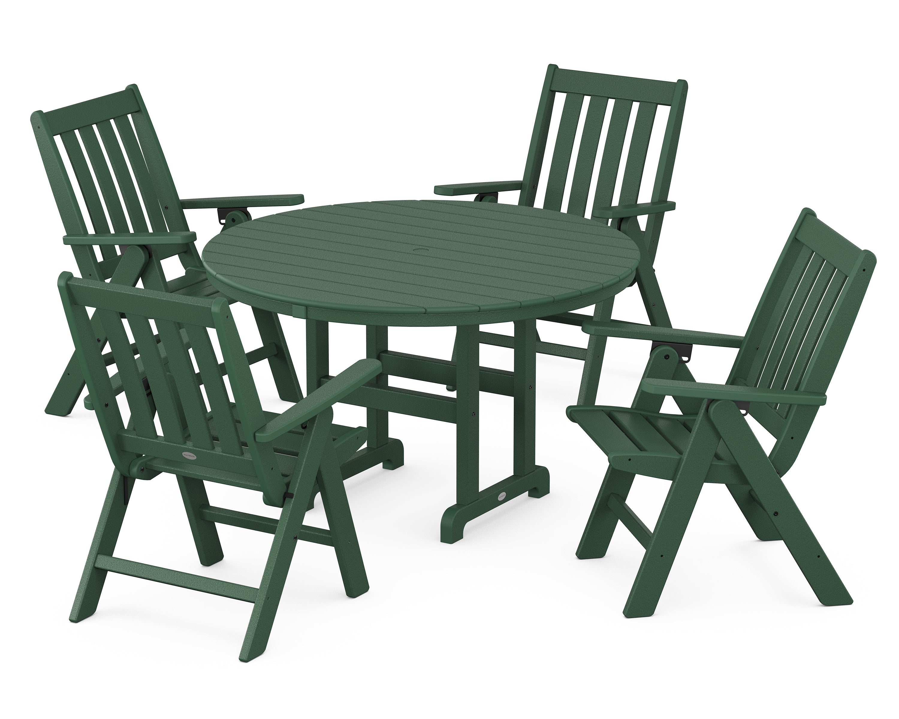 POLYWOOD® Vineyard Folding Chair 5-Piece Round Farmhouse Dining Set in Green