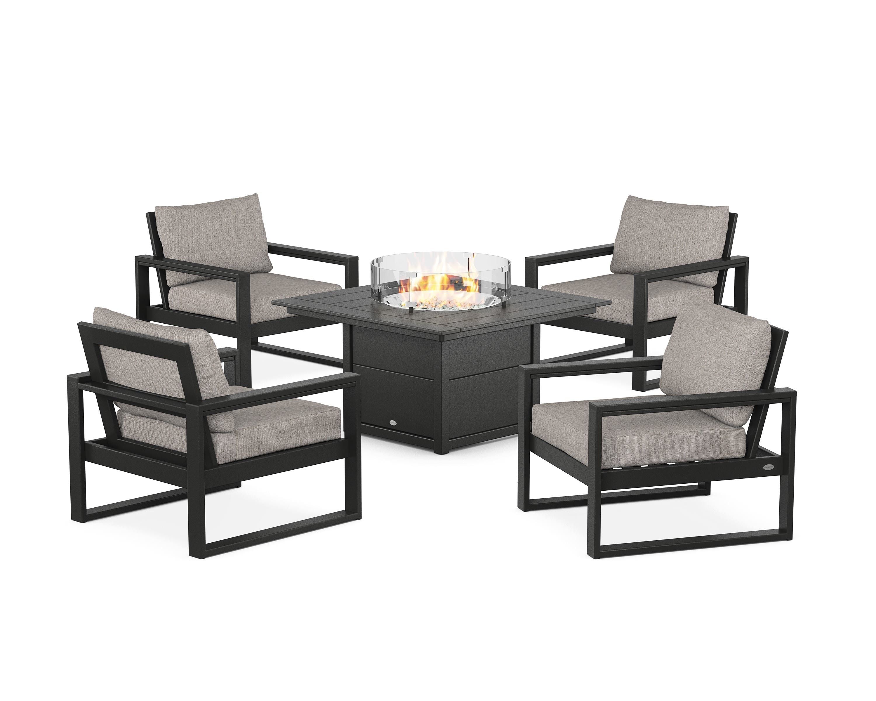 POLYWOOD EDGE Sectional 5-Piece Deep Seating Set with Fire Pit Table in Black / Weathered Tweed