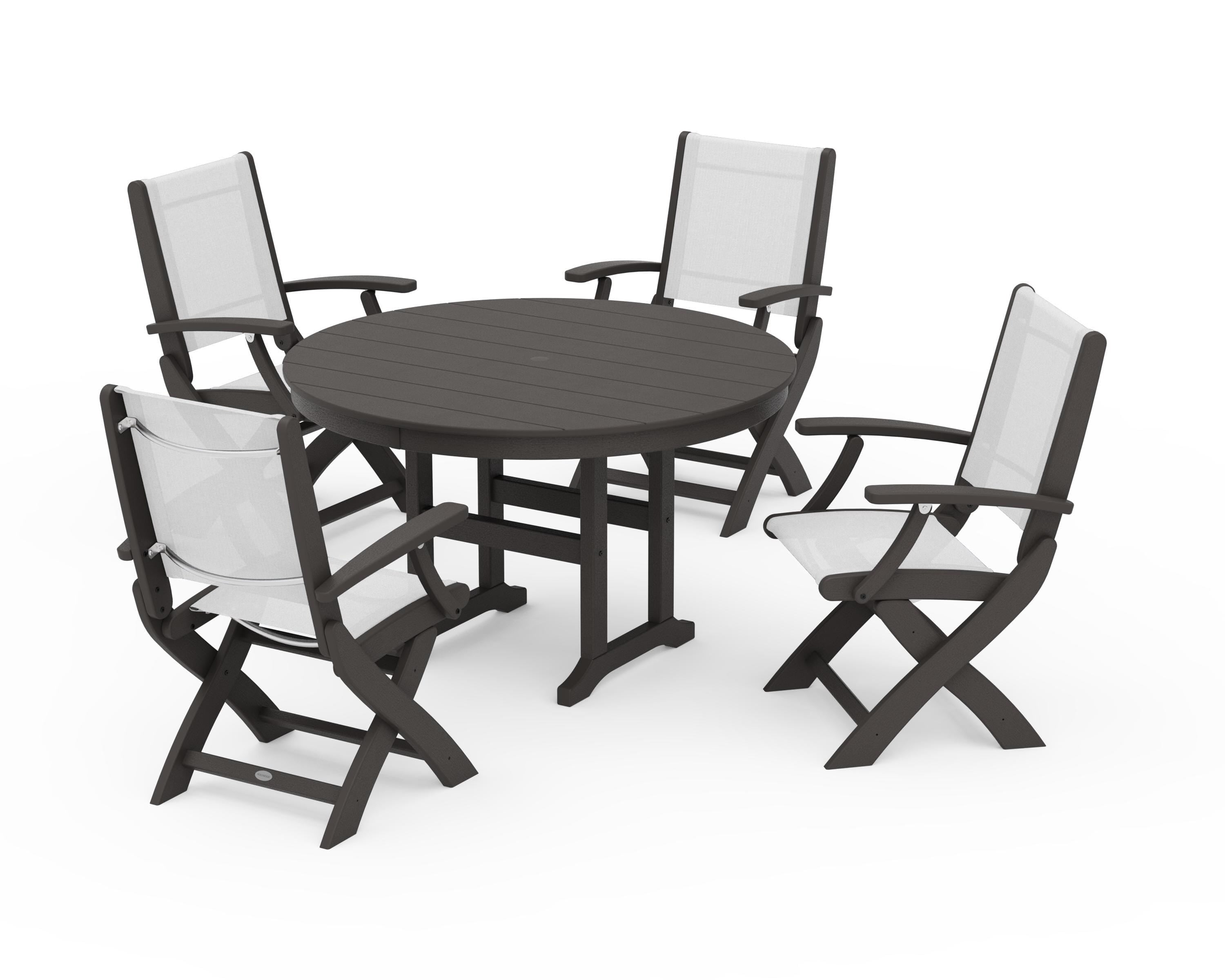 POLYWOOD Coastal Folding Chair 5-Piece Round Dining Set in Vintage Coffee / White Sling