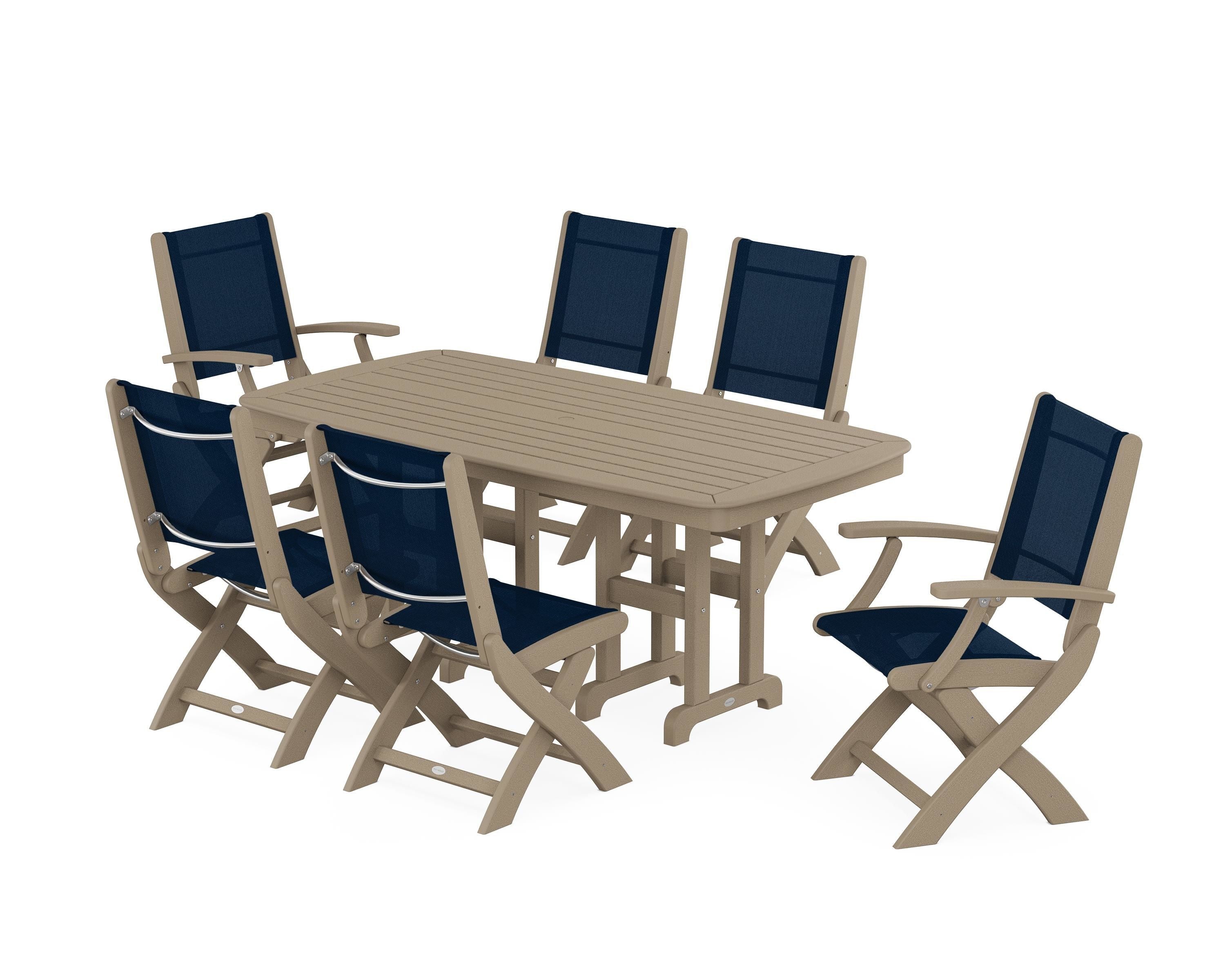 POLYWOOD Coastal Folding Chair 7-Piece Dining Set in Vintage Sahara / Navy Blue Sling