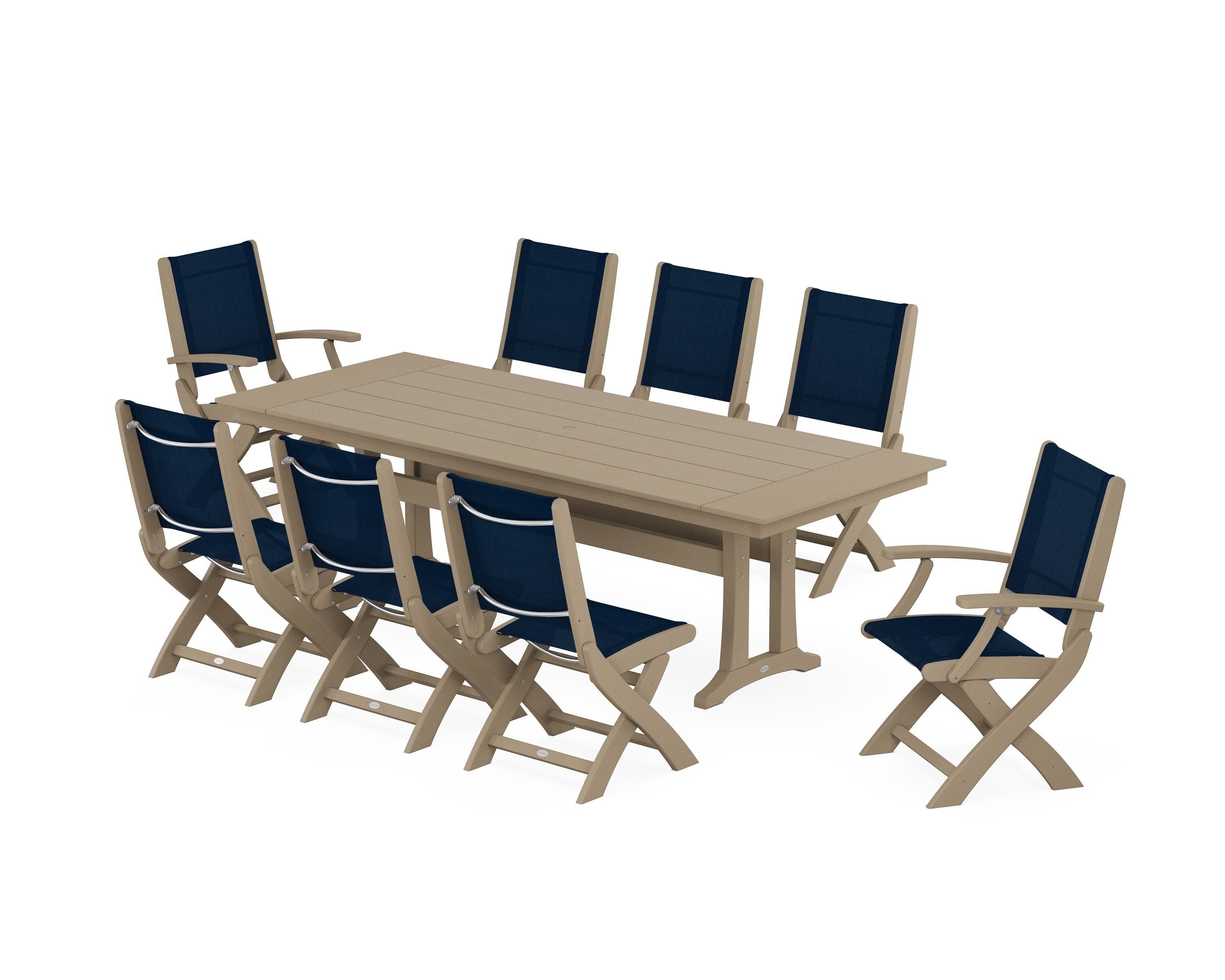 POLYWOOD Coastal 9-Piece Folding Dining Chair Farmhouse Dining Set with Trestle Legs in Vintage Sahara / Navy Blue Sling