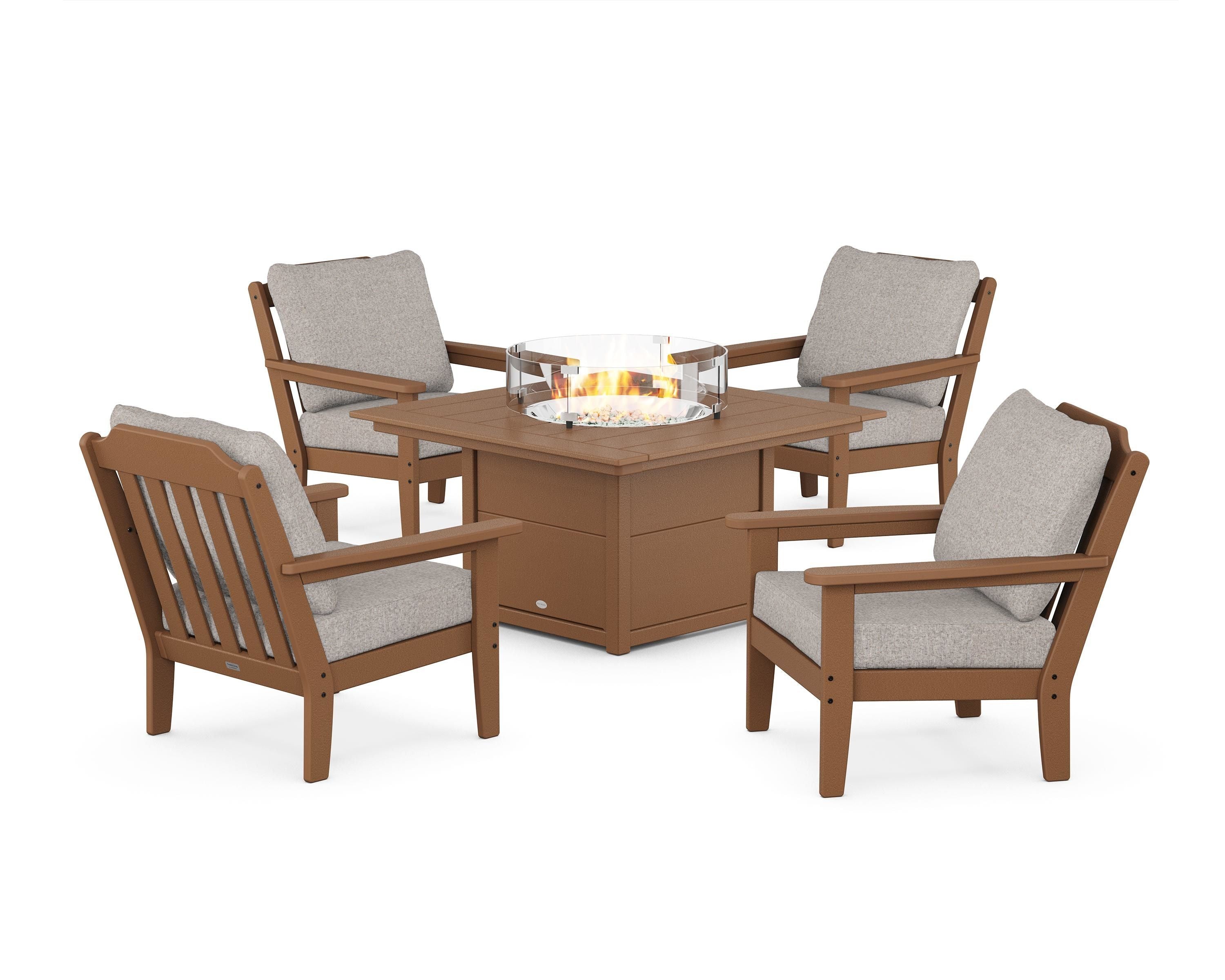 Country Living Cottage 5-Piece Deep Seating Set with Fire Pit Table in Teak / Weathered Tweed