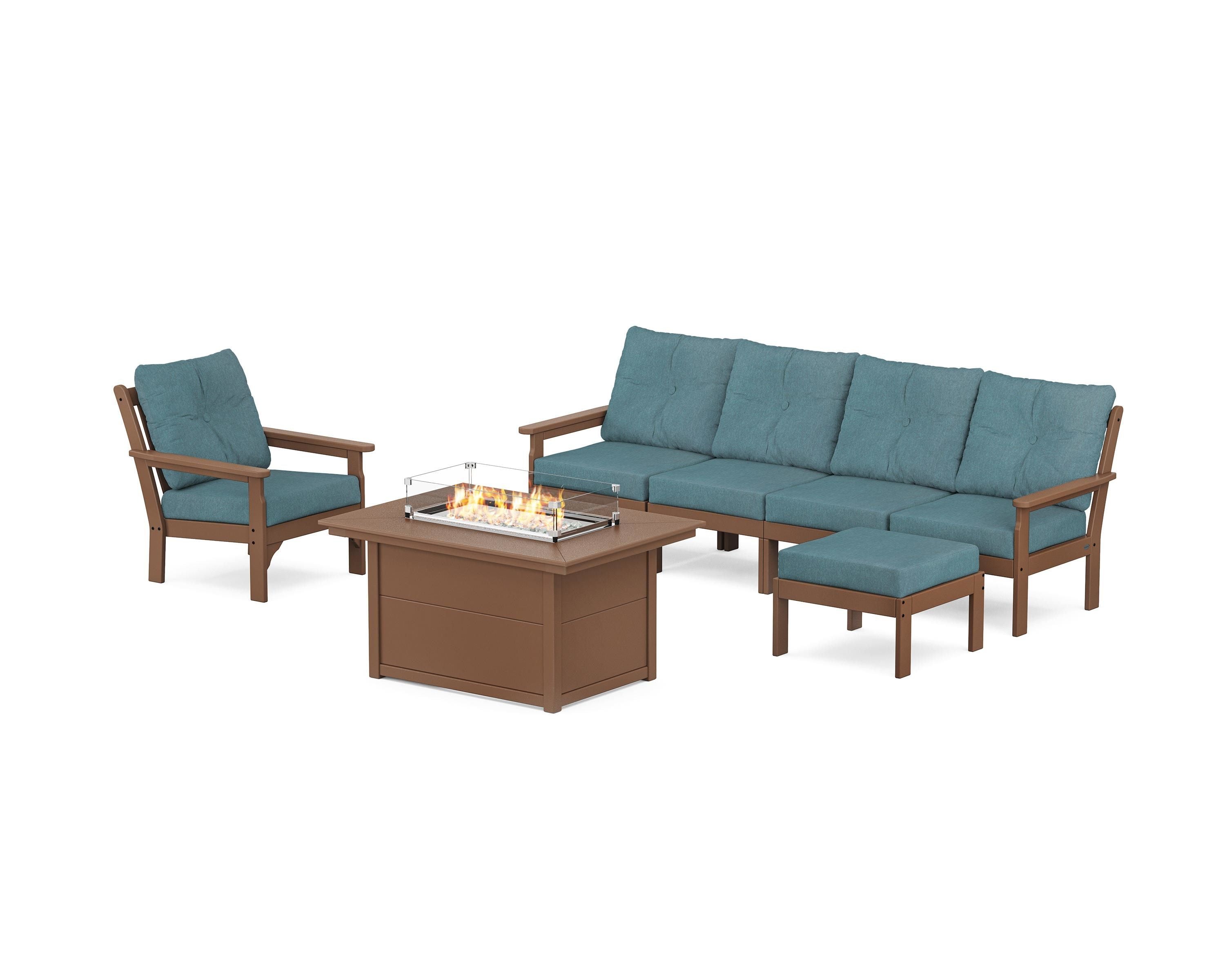 POLYWOOD Vineyard Sectional Lounge and Fire Pit Set in Teak / Ocean Teal